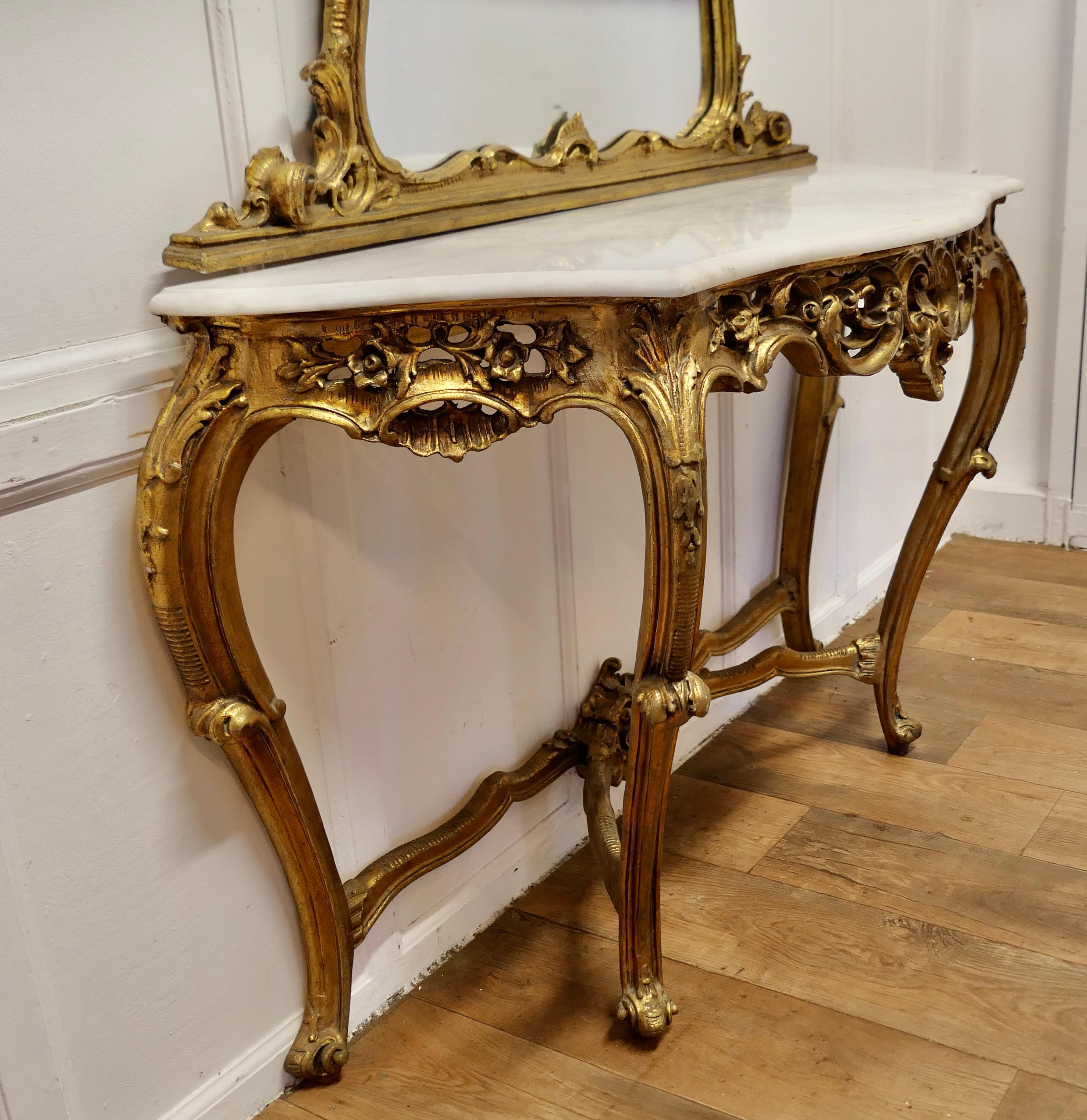 Giltwood Italian Marble Top Console Table and Mirror Set  A very rare set For Sale