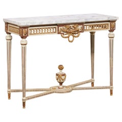 Retro Italian Marble Top Console w/Pierce-Carved Apron & Large Urn Finial at Underside