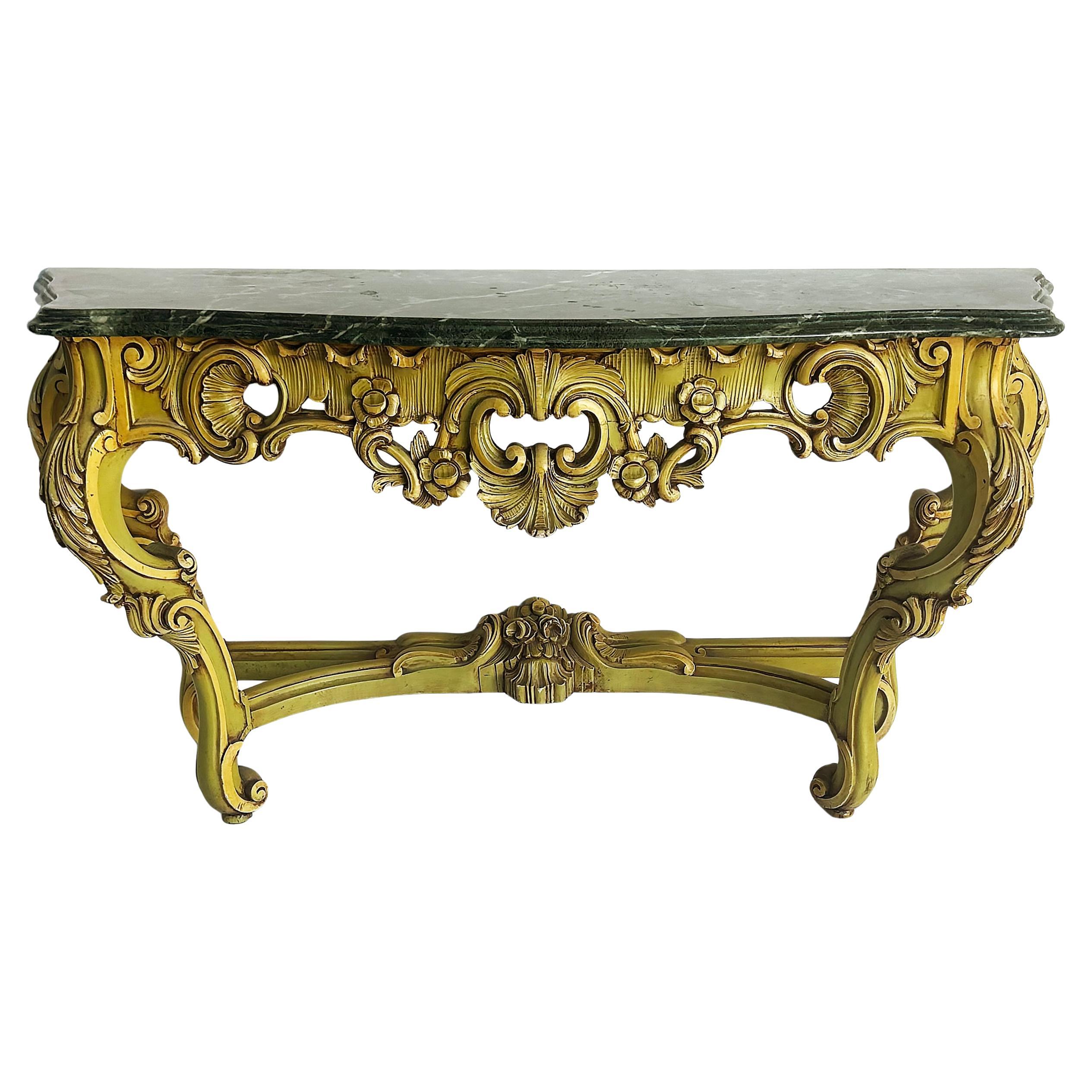 Italian Marble Top Painted Carved Console Table in Baroque Rococo Style For Sale