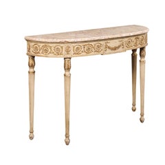 Italian Marble Top Slender Painted 4 Ft Long Console w/Nicely Detailed Apron