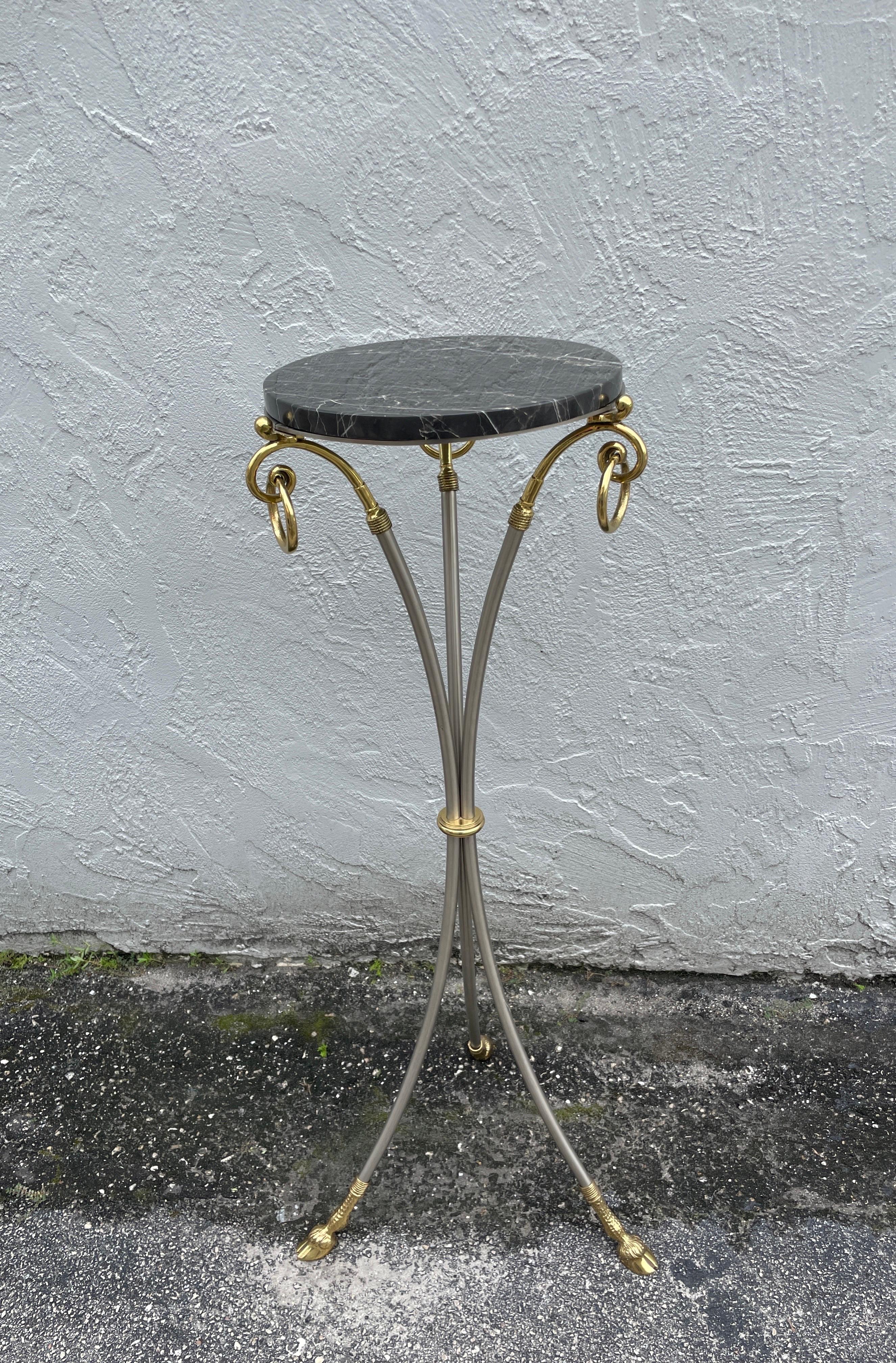 Italian Marble Top Steel & Brass Pedestal with Hoof Feet For Sale 2