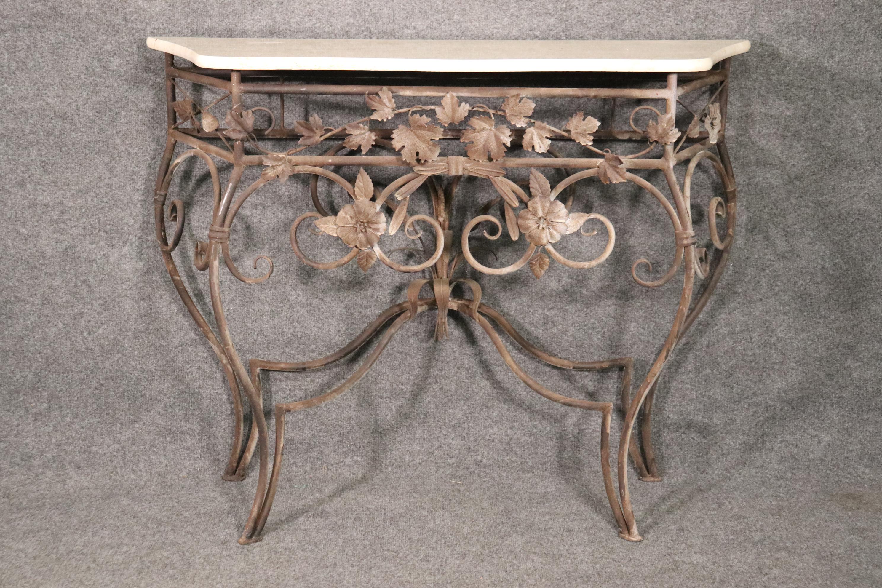 Neoclassical Revival Italian Marble Top Wrought Iron Console Table and Matching Mirror, circa 1920s For Sale