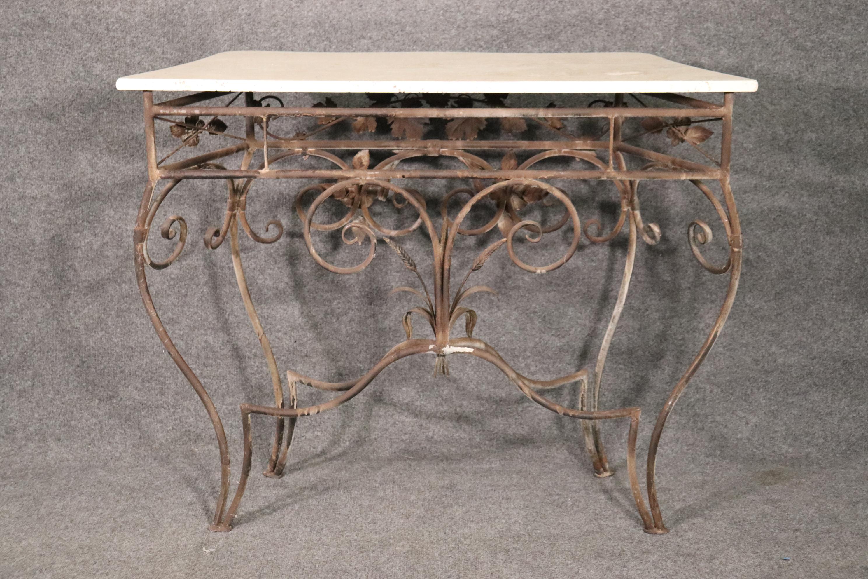 Italian Marble Top Wrought Iron Console Table and Matching Mirror, circa 1920s In Good Condition For Sale In Swedesboro, NJ
