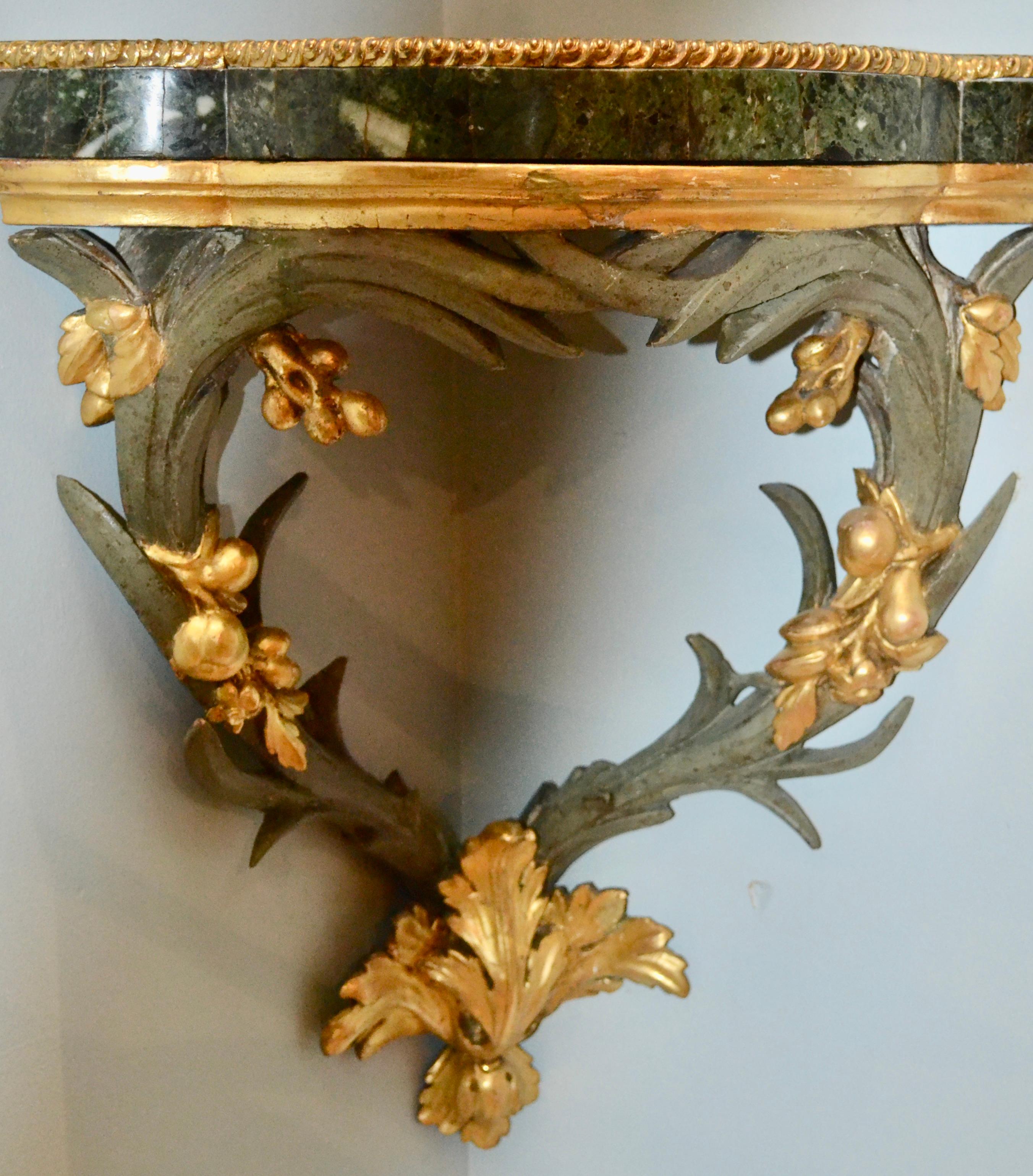 Bronze Italian Marble Topped Gilded and Silver Leafed Corner Bracket For Sale