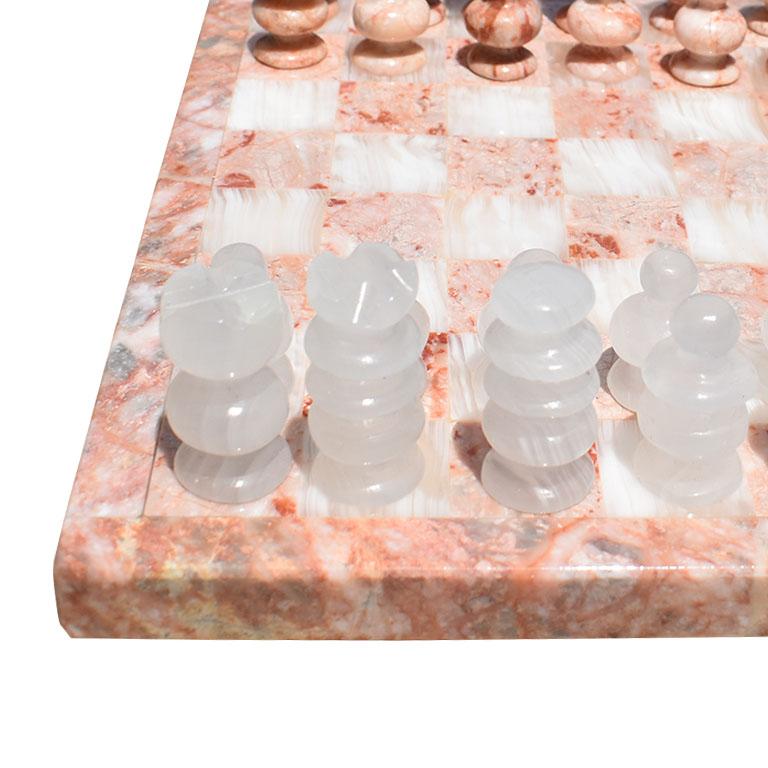 Hollywood Regency Italian Marbled Pink and White Quartz Stone Chess Set 