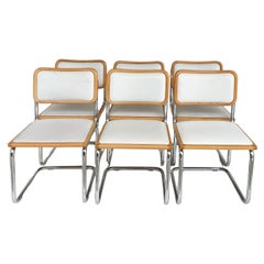 Ensemble de 6 chaises de salle à manger italiennes Cesca en chrome, bois et cuir Marcel Breuer
