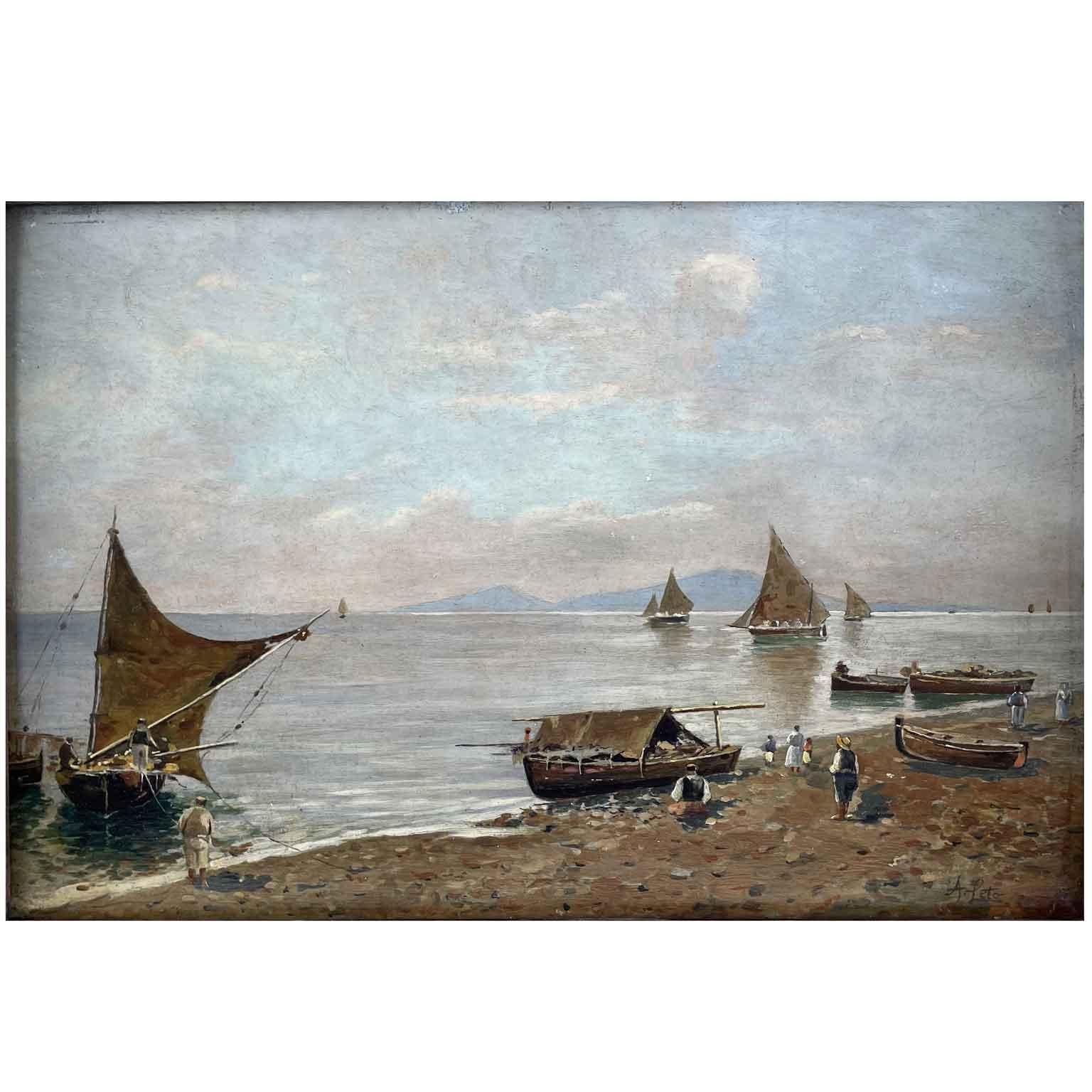 Early 20th century oil on poplar view of a Southern Italian bay, a coastal landscape with fishermen and boats signed by the Sicilian landscape artist of the Belle Époque Antonino Leto, called Leto de Capri, Monreale near Palermo 1844 – 1913