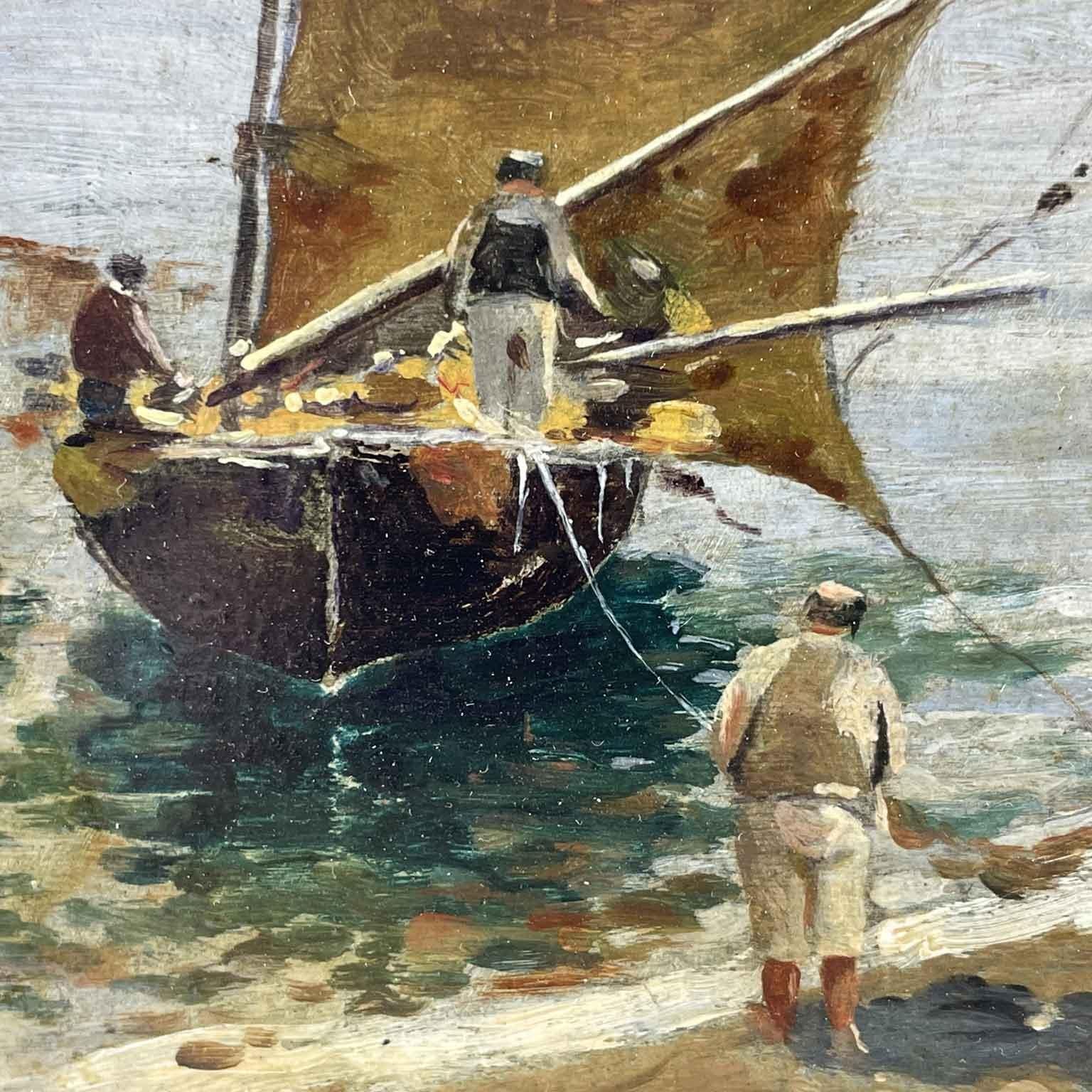 Belle Époque Italian Marine Landscape with Fishermen, Boats by Antonino Leto Called Di Capri