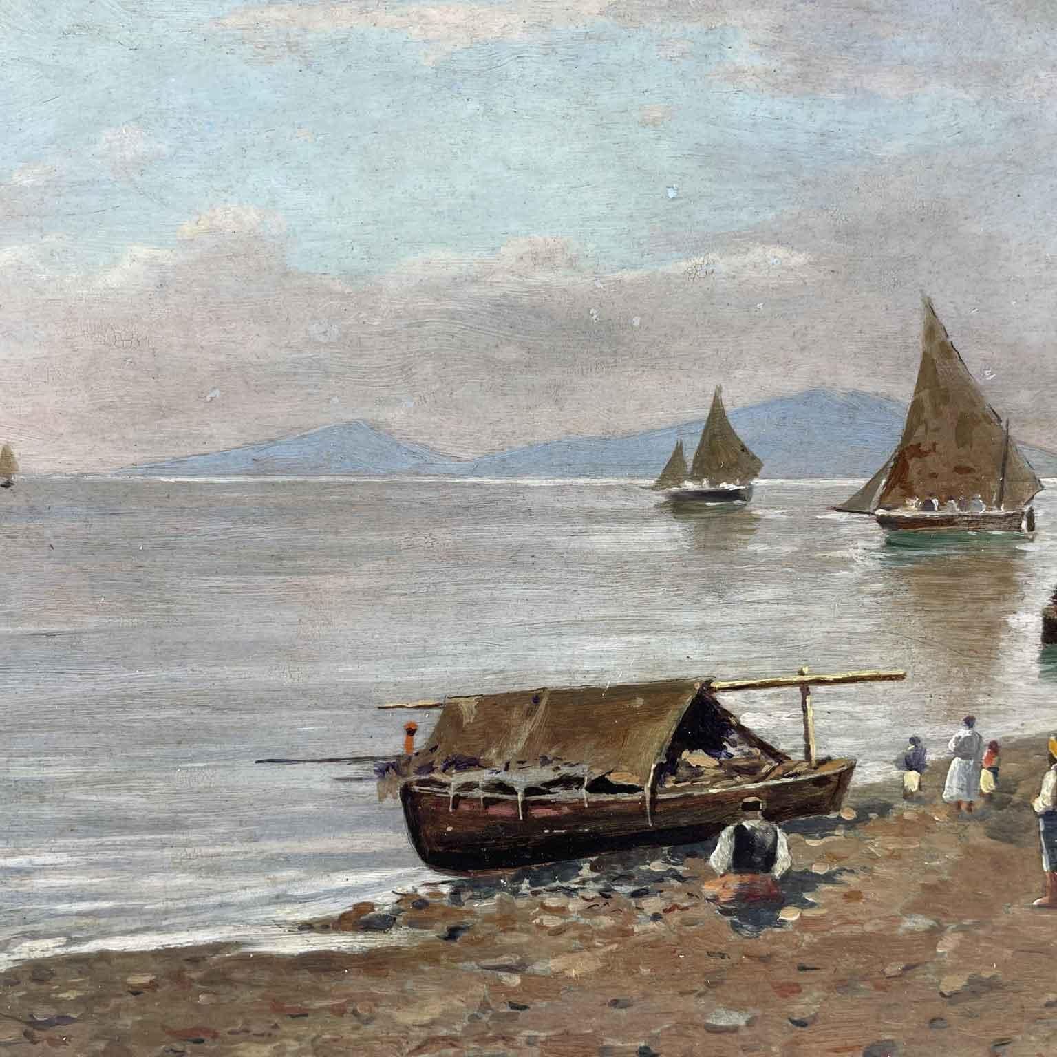 20th Century Italian Marine Landscape with Fishermen, Boats by Antonino Leto Called Di Capri