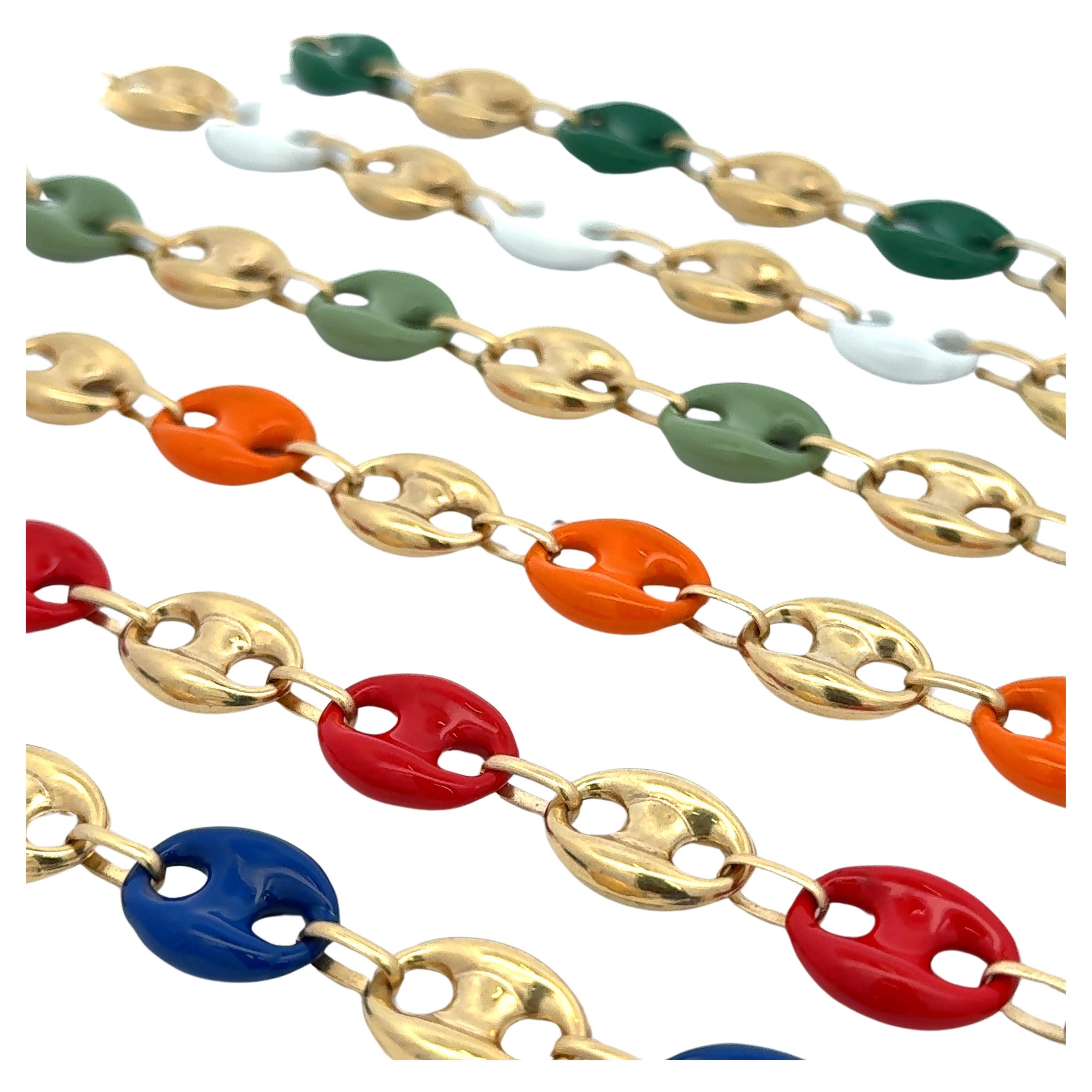 Women's Italian Mariner Alternating 14 Karat Yellow Gold Enamel Link Bracelet  For Sale