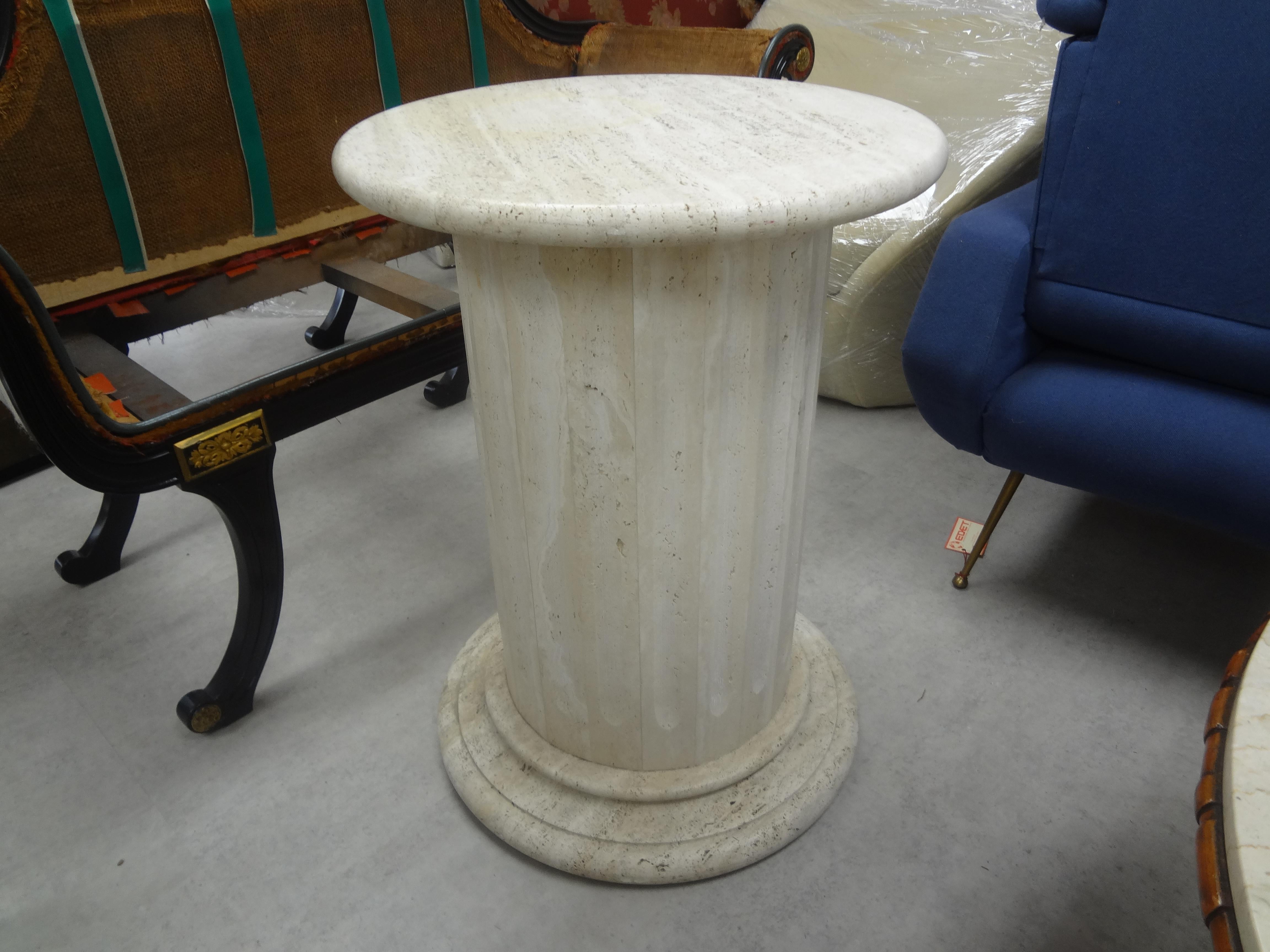 Italian Mario Bellini style fluted travertine pedestal or table base. This stunning postmodern honed travertine pedestal is substantial enough for a large heavy sculpture or as a centre or dining table