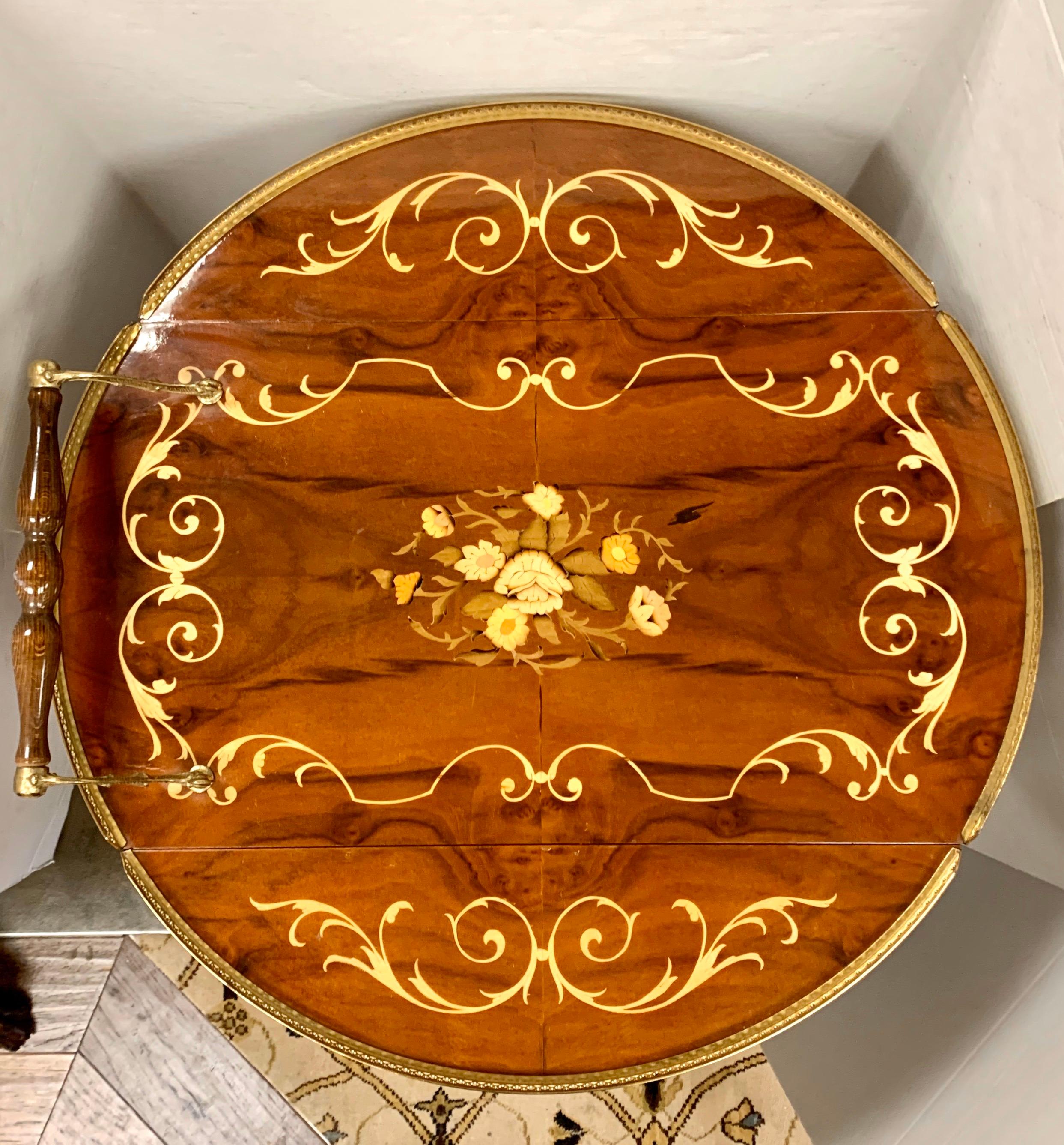 Italian Marquetry and Brass Drop Leaf Tea Cart Trolley 3