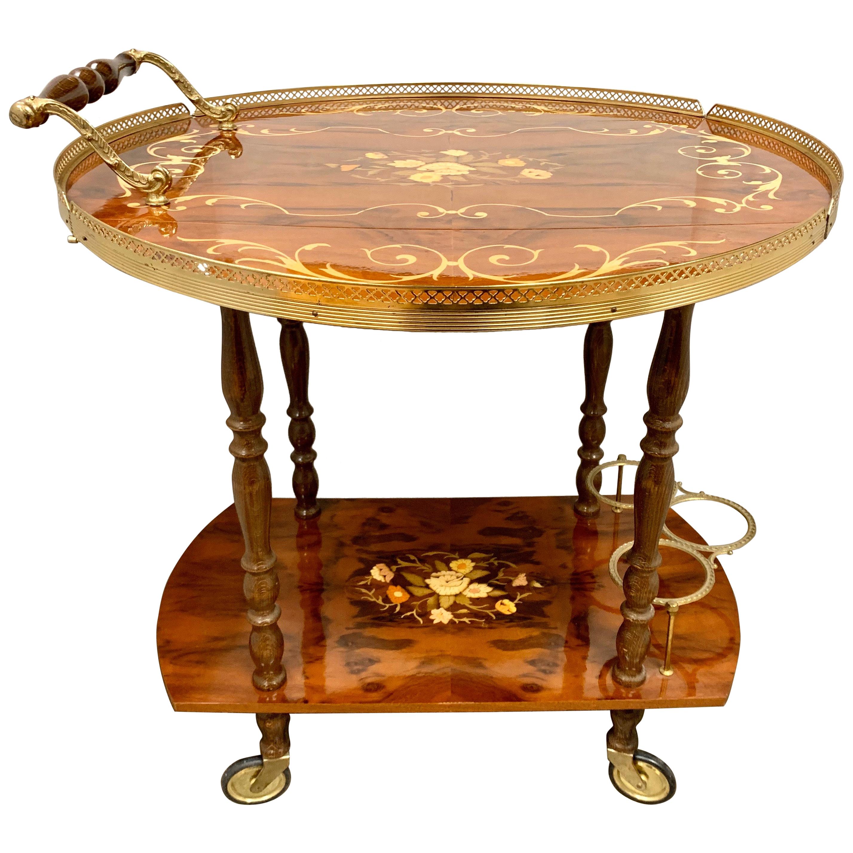 Italian Marquetry and Brass Drop Leaf Tea Cart Trolley