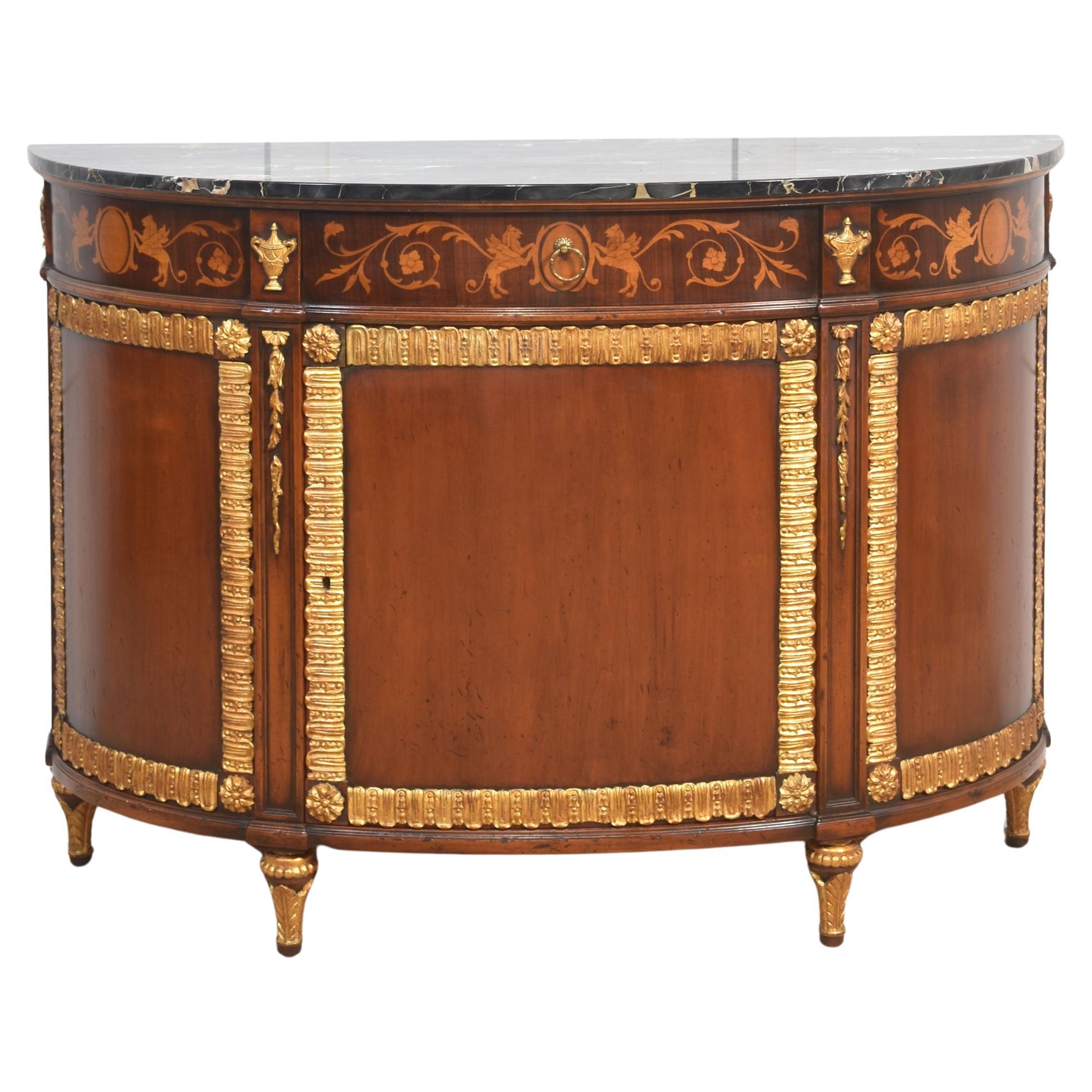 Italian marquetry and mahogany parcel gilt bow front cabinet