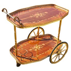 Italian Marquetry Bar Cart-Two Tier Dessert-Trolley--Neoclassical Style-70s