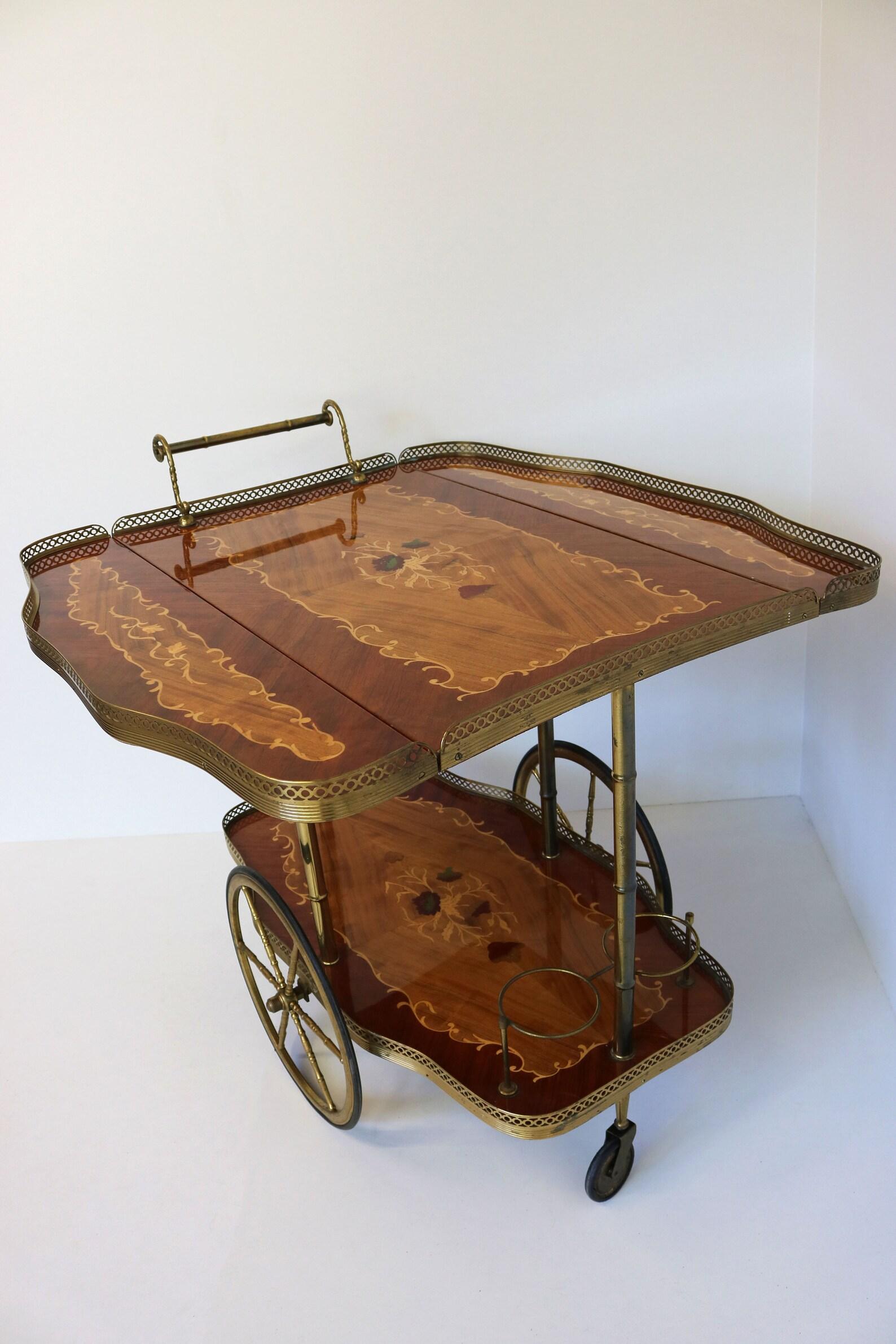 Mid-20th Century Italian Marquetry & Brass Drop Leaf Bar Cart Mid-Century 1950 Luxury Design