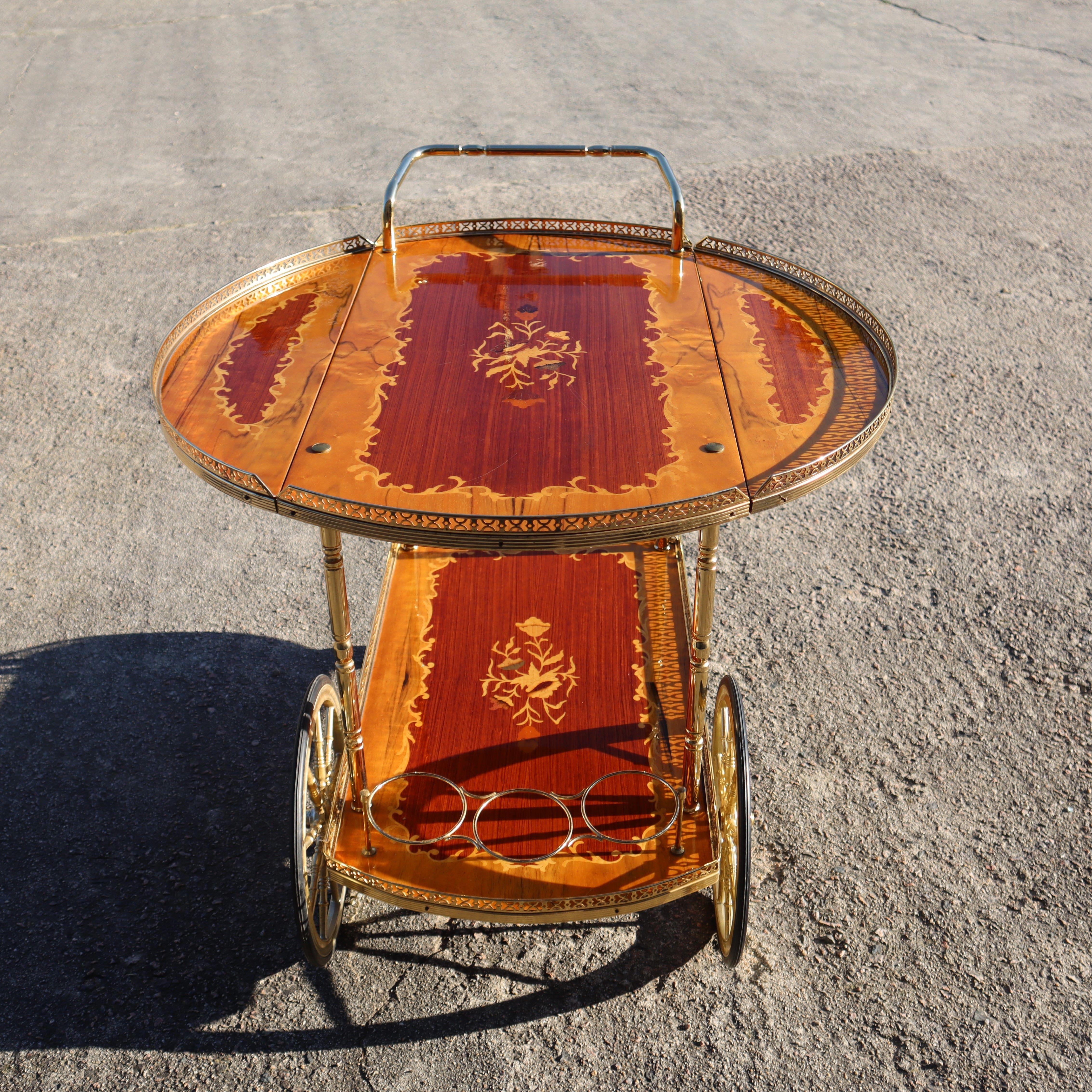 Italian Marquetry Drop Leaf Bar Cart-Vintage- Two Tier Dessert-Bar Trolley-70s 3