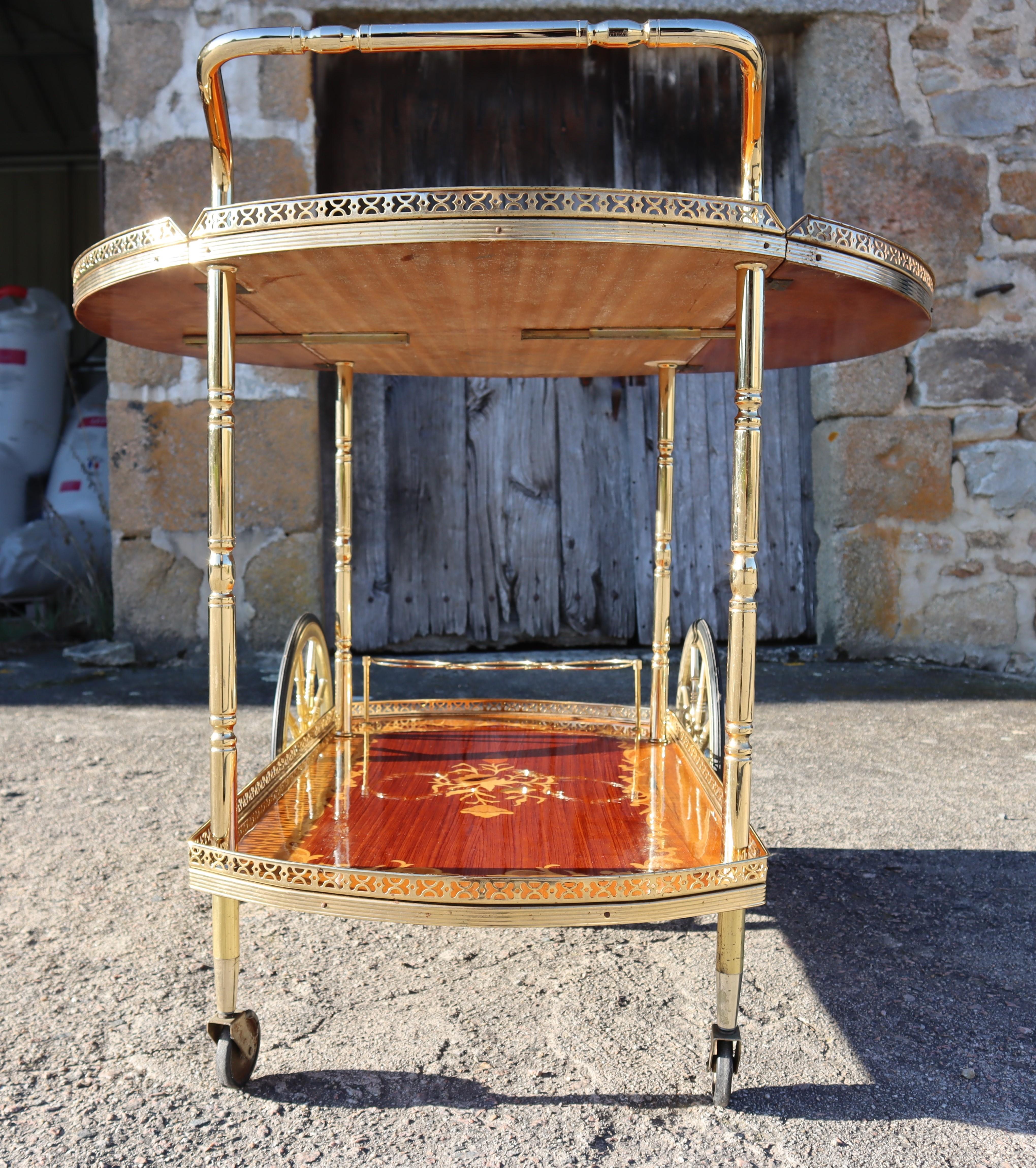 Italian Marquetry Drop Leaf Bar Cart-Vintage- Two Tier Dessert-Bar Trolley-70s 4