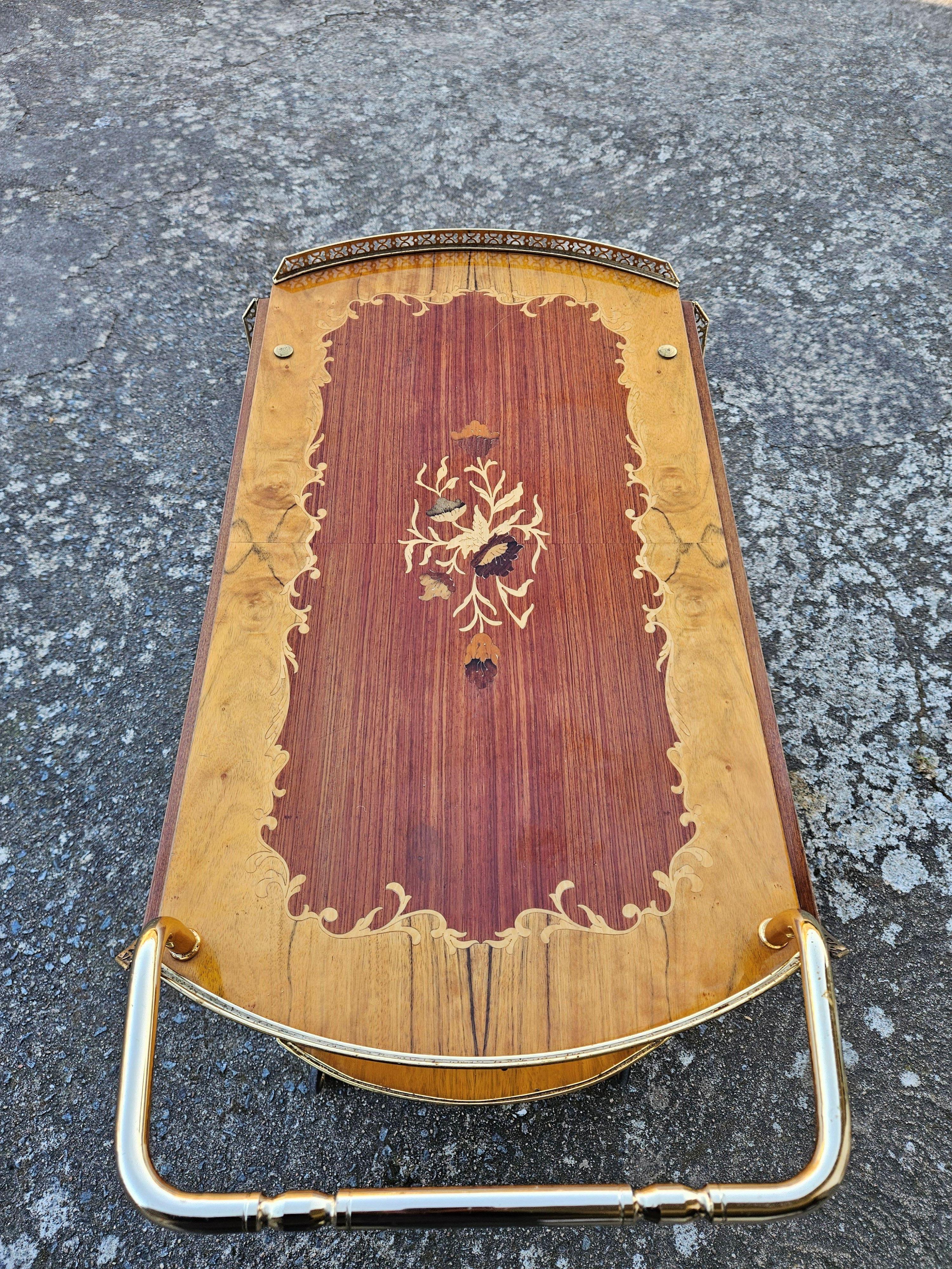 Italian Marquetry Drop Leaf Bar Cart-Vintage- Two Tier Dessert-Bar Trolley-70s 5