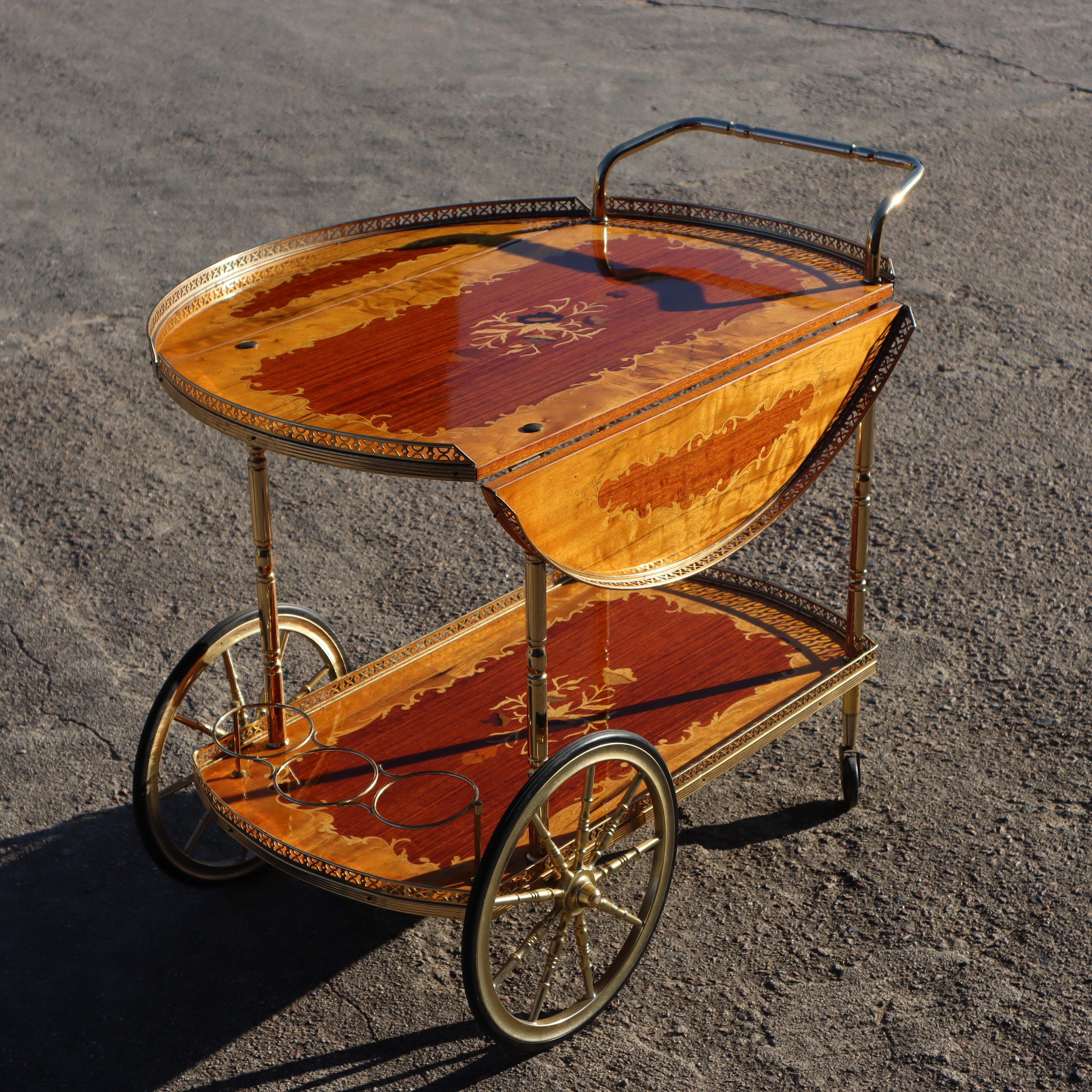 Italian Marquetry Drop Leaf Bar Cart-Vintage- Two Tier Dessert-Bar Trolley-70s 8