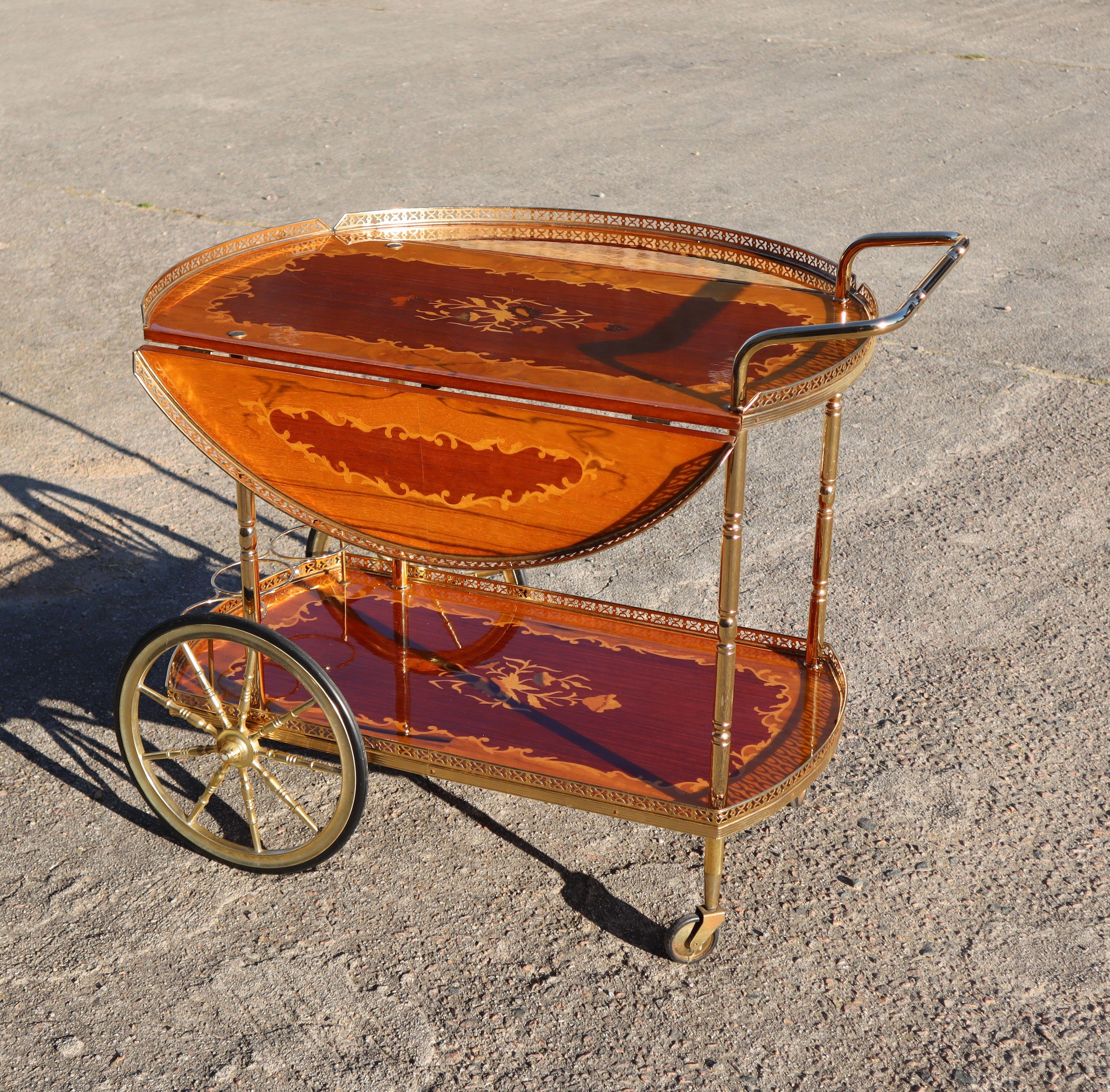 Italian Marquetry Drop Leaf Bar Cart-Vintage- Two Tier Dessert-Bar Trolley-70s 9