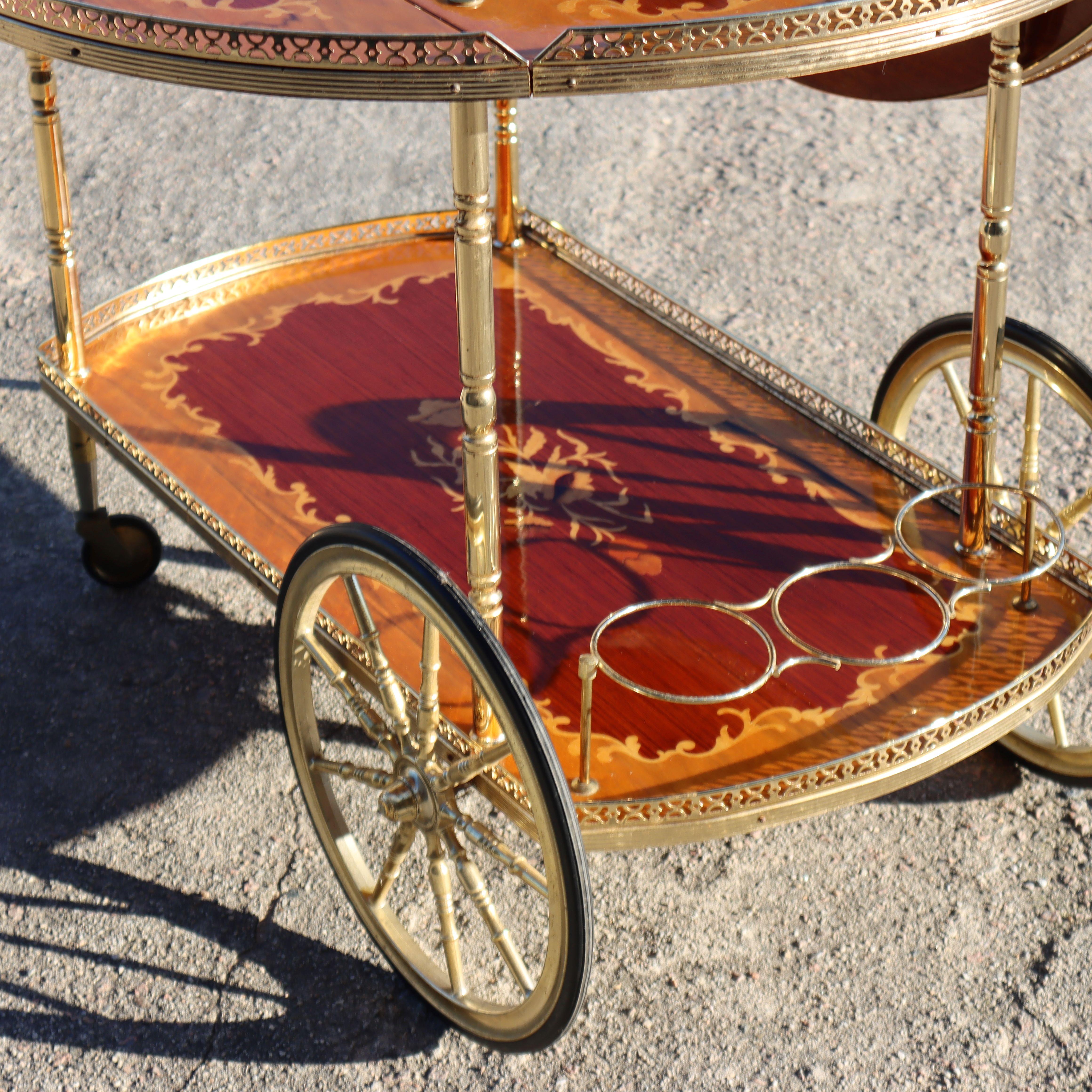 Italian Marquetry Drop Leaf Bar Cart-Vintage- Two Tier Dessert-Bar Trolley-70s 10