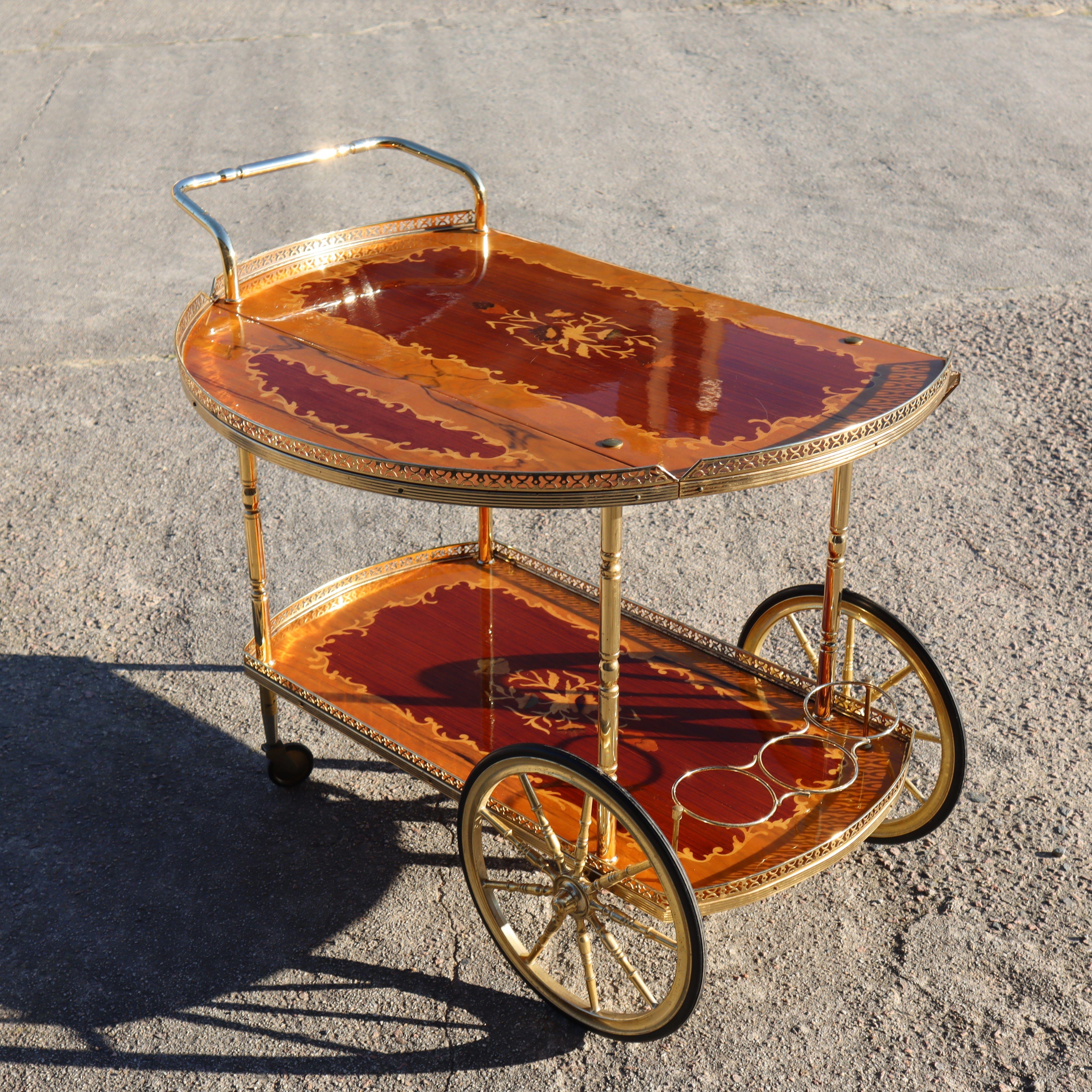 Italian Marquetry Drop Leaf Bar Cart-Vintage- Two Tier Dessert-Bar Trolley-70s 11