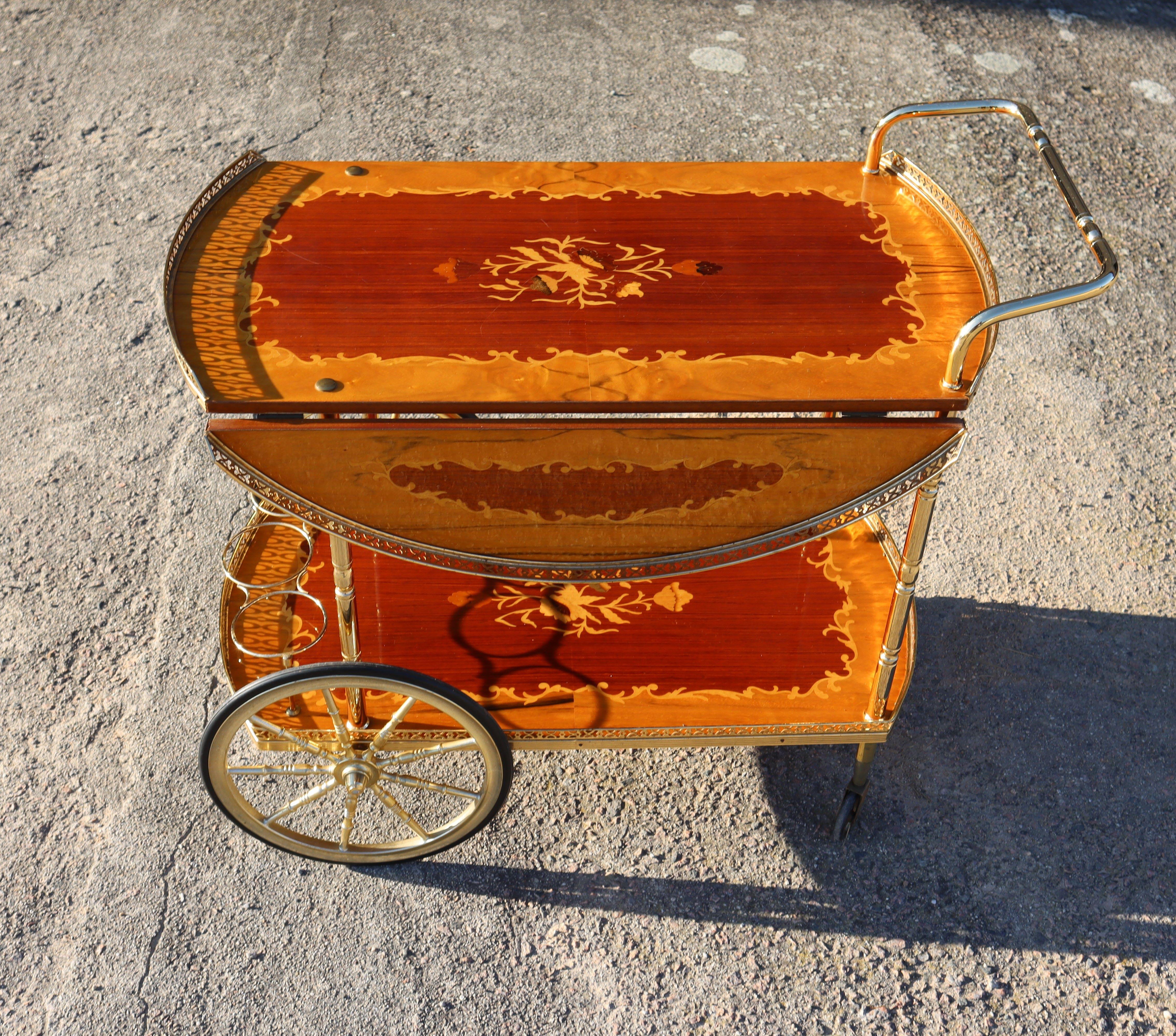 Italian Marquetry Drop Leaf Bar Cart-Vintage- Two Tier Dessert-Bar Trolley-70s 12