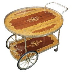 Italian Marquetry Drop Leaf Bar Cart-Vintage- Two Tier Dessert-Bar Trolley-70s