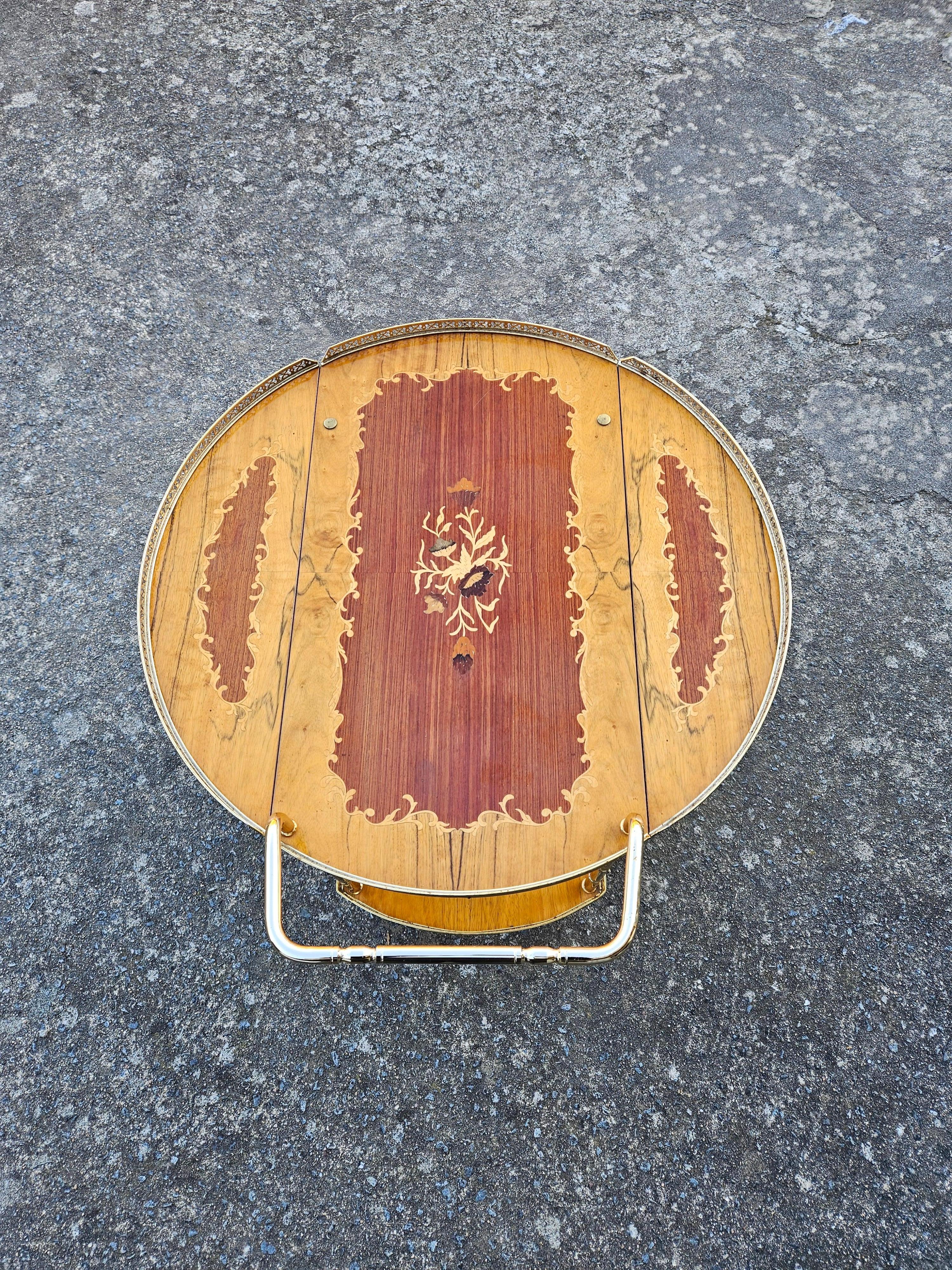 Italian Marquetry Drop Leaf Bar Cart-Vintage- Two Tier Dessert-Bar Trolley-70s 13