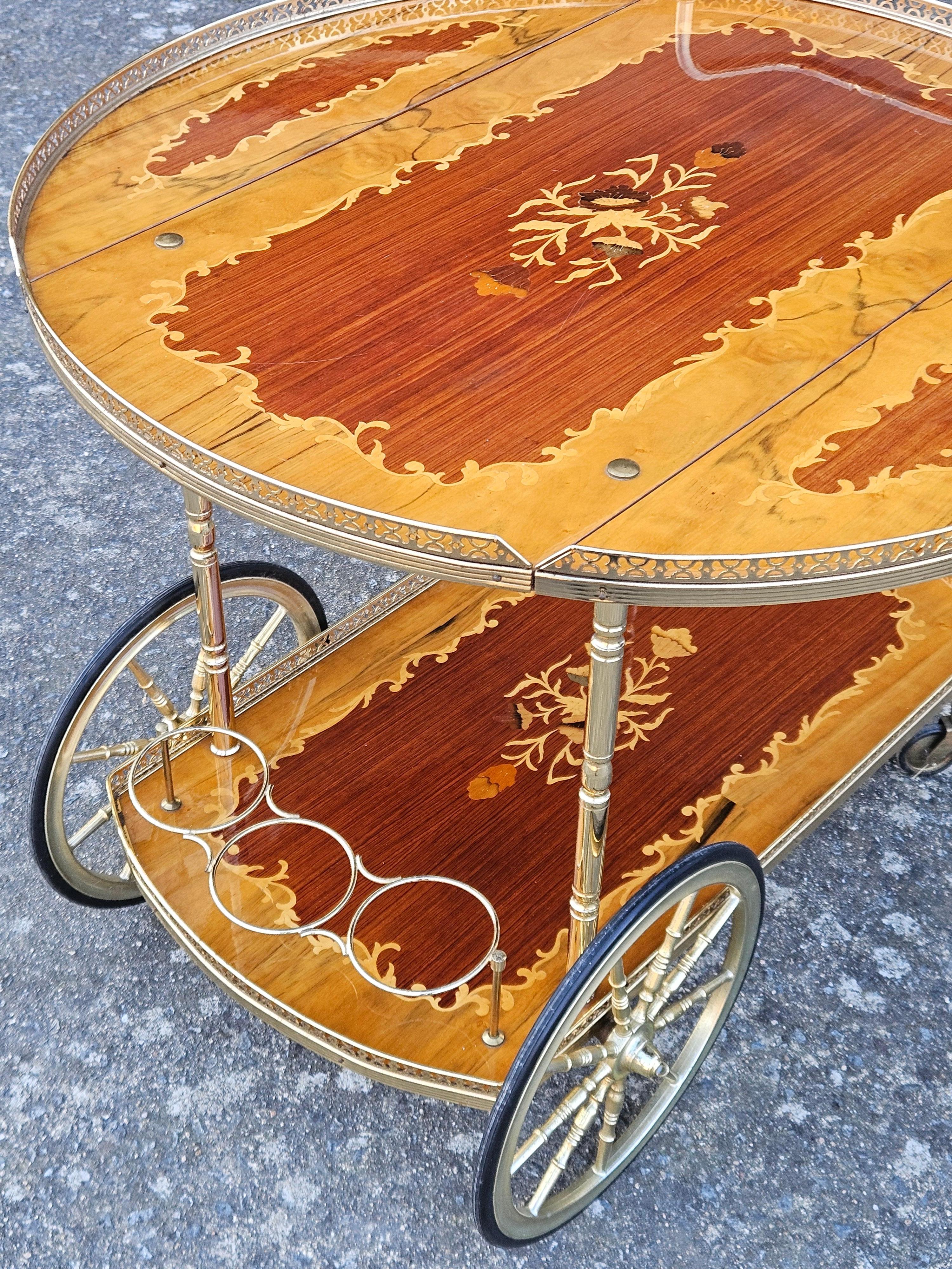 Neoclassical Revival Italian Marquetry Drop Leaf Bar Cart-Vintage- Two Tier Dessert-Bar Trolley-70s