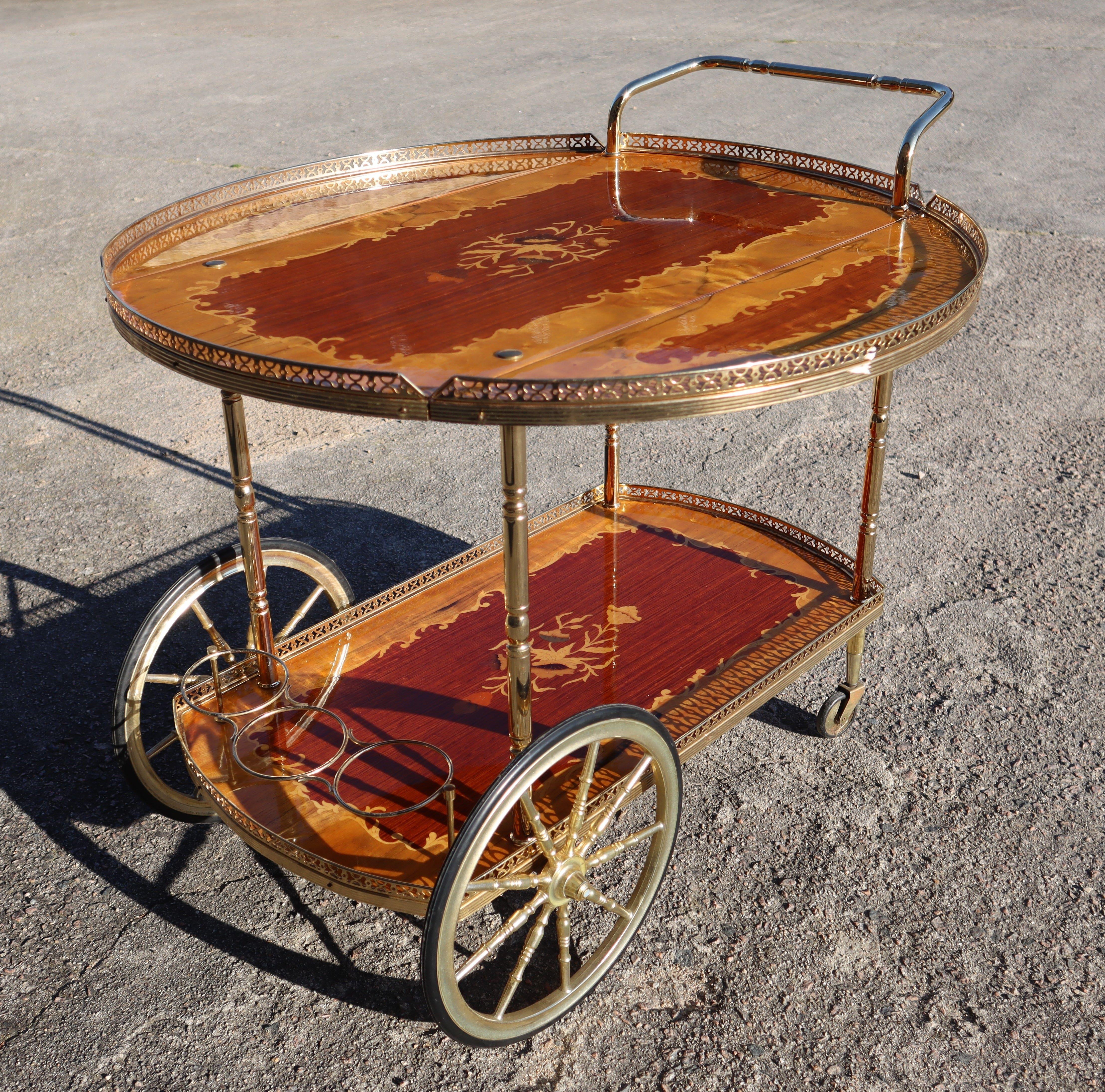 Late 20th Century Italian Marquetry Drop Leaf Bar Cart-Vintage- Two Tier Dessert-Bar Trolley-70s