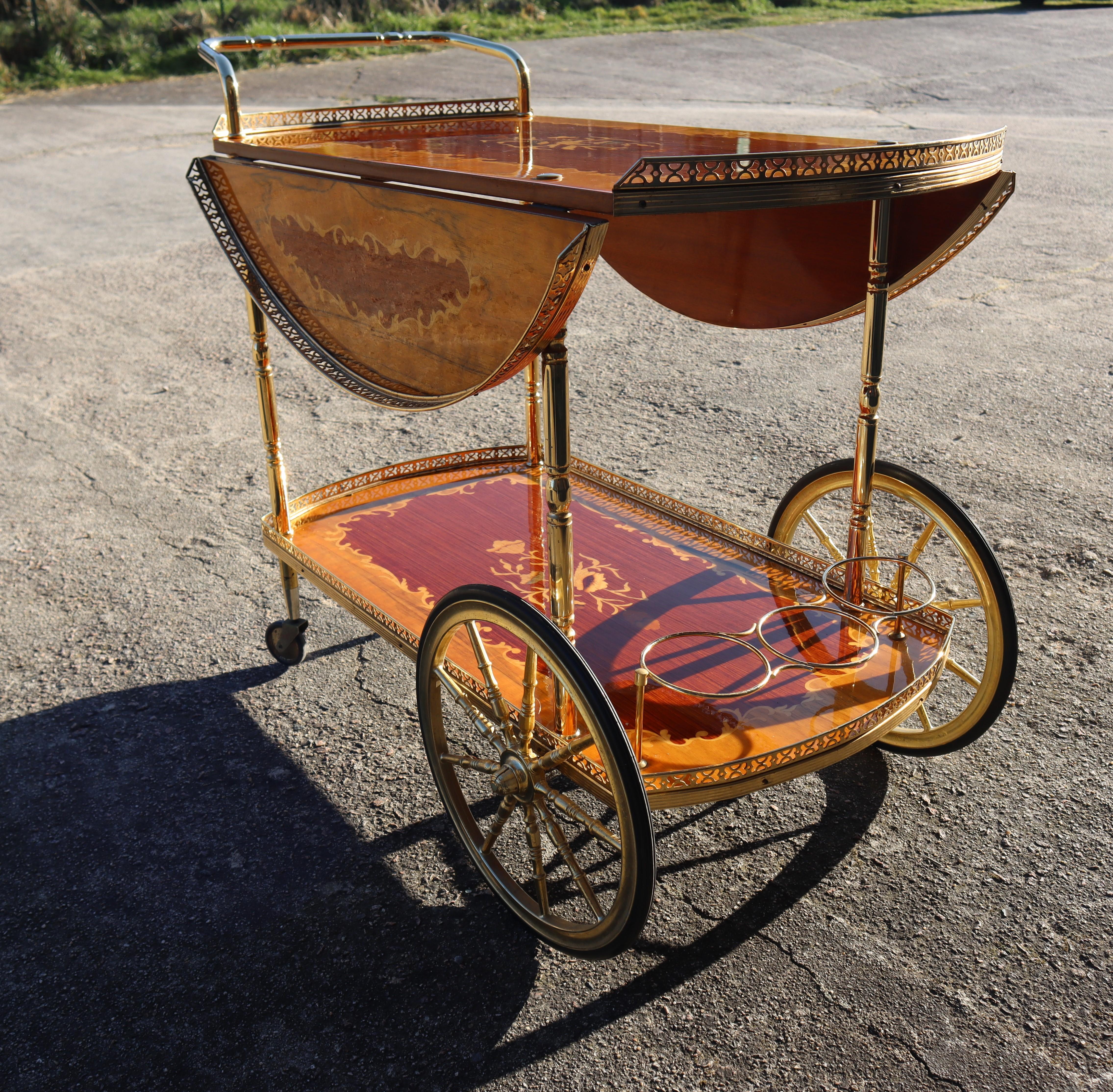 Italian Marquetry Drop Leaf Bar Cart-Vintage- Two Tier Dessert-Bar Trolley-70s 1