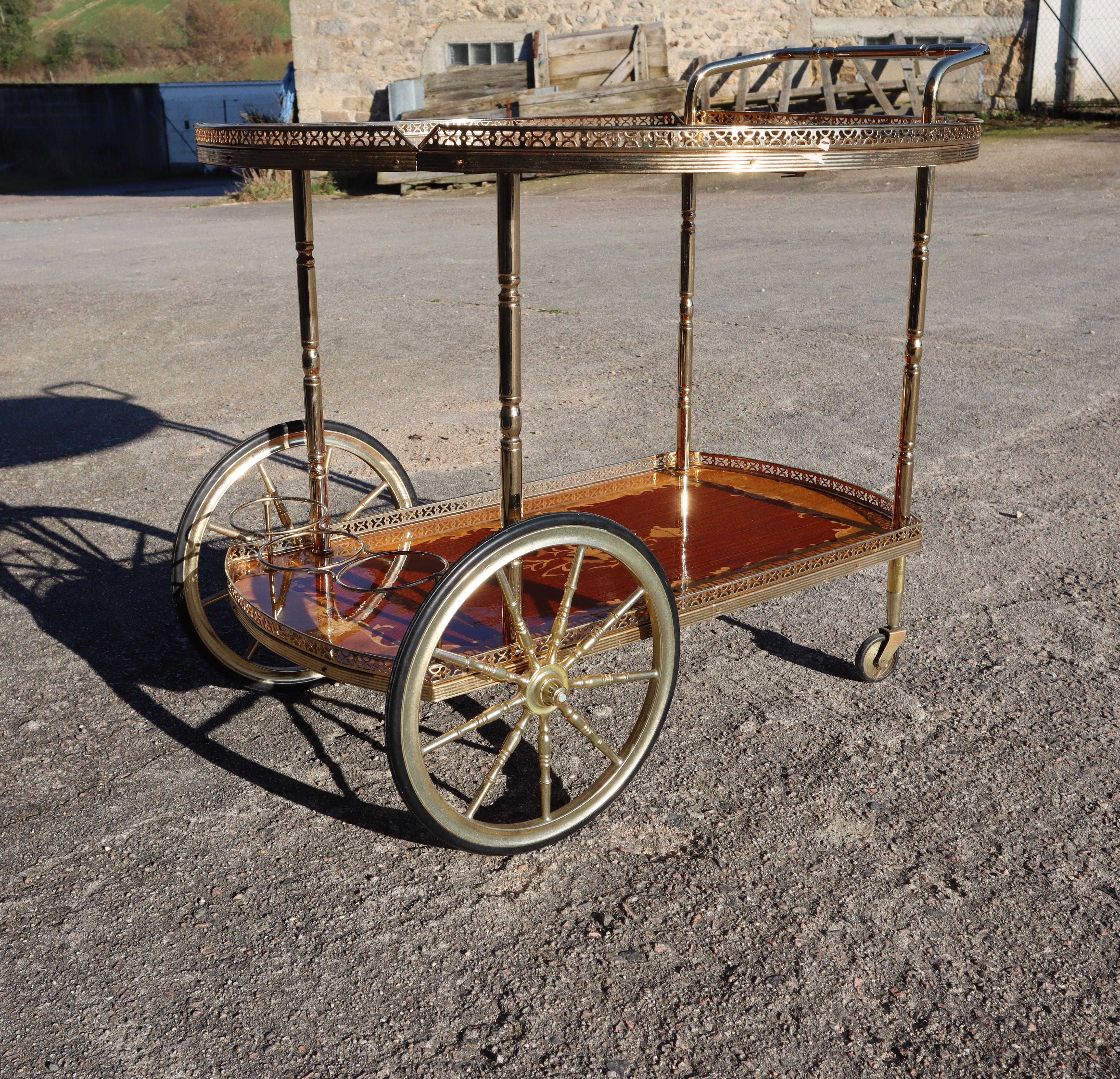 Italian Marquetry Drop Leaf Bar Cart-Vintage- Two Tier Dessert-Bar Trolley-70s 2