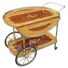 Italian Marquetry Drop Leaf Bar Cart-Vintage- Two Tier Dessert-Bar Trolley-70s