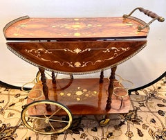 Italian Marquetry Drop-leaf Olive Wood Tea Barcart Cart
