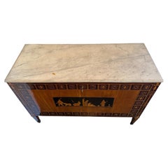 Italian Marquetry Fruitwood Drop-Front Storage Chest with Marble Top Circa 1940