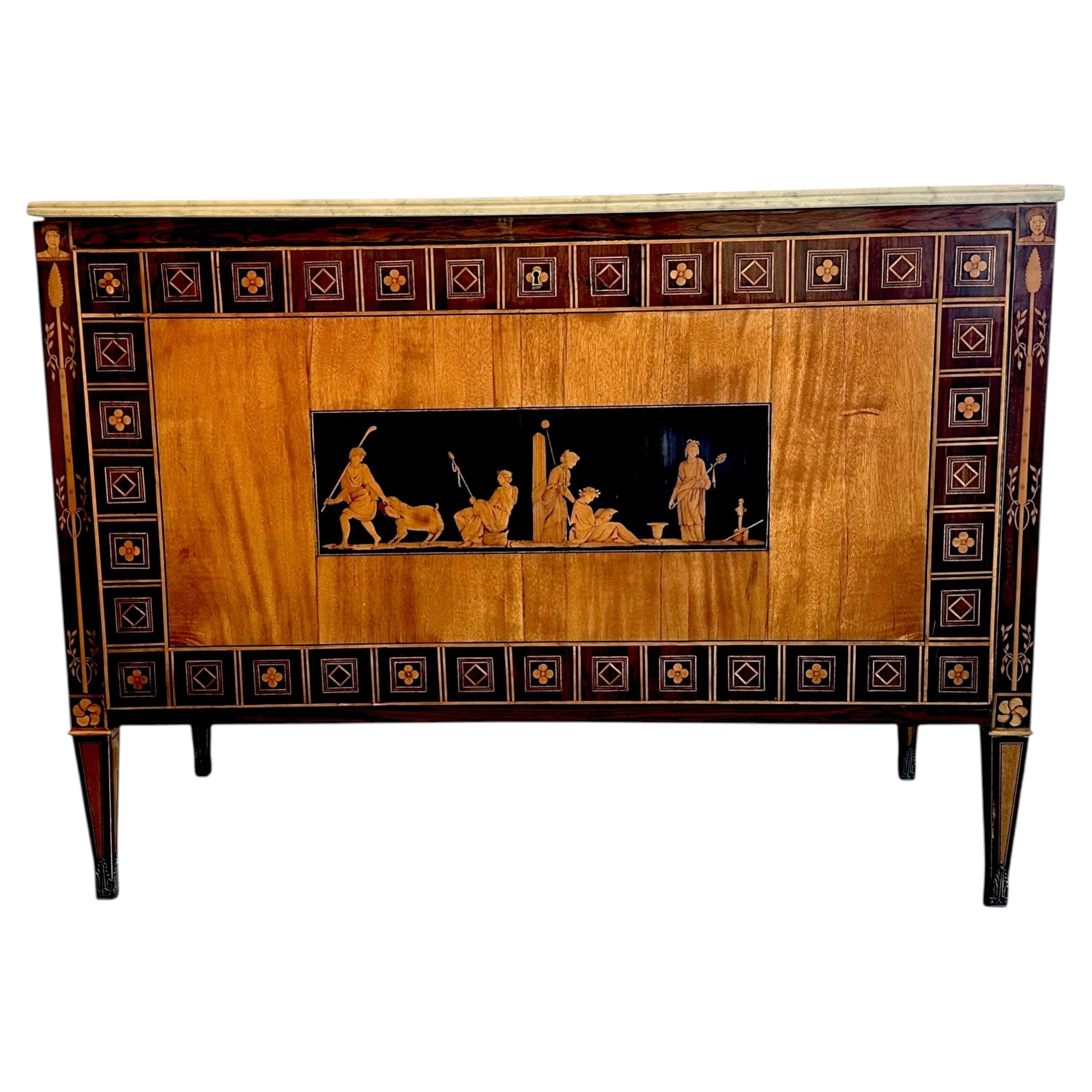 Italian Marquetry Fruitwood Drop-Front Storage Chest with Marble Top Circa 1940 For Sale
