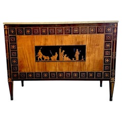Italian Marquetry Fruitwood Drop-Front Storage Chest with Marble Top Circa 1940