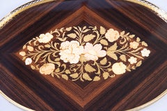 Italian Marquetry Inlaid Rosewood & Brass Gallery Oval Serving Tray, circa 1950