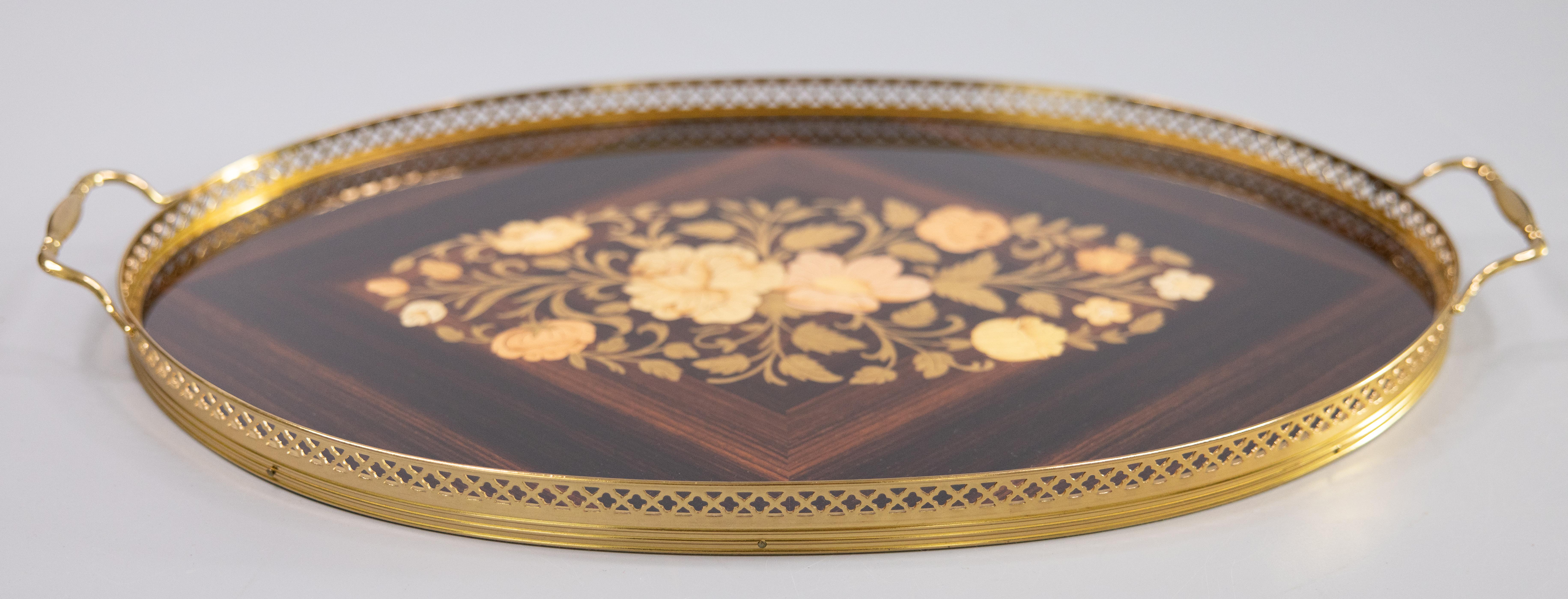 Inlay Italian Marquetry Inlaid Rosewood & Brass Gallery Oval Serving Tray, circa 1950