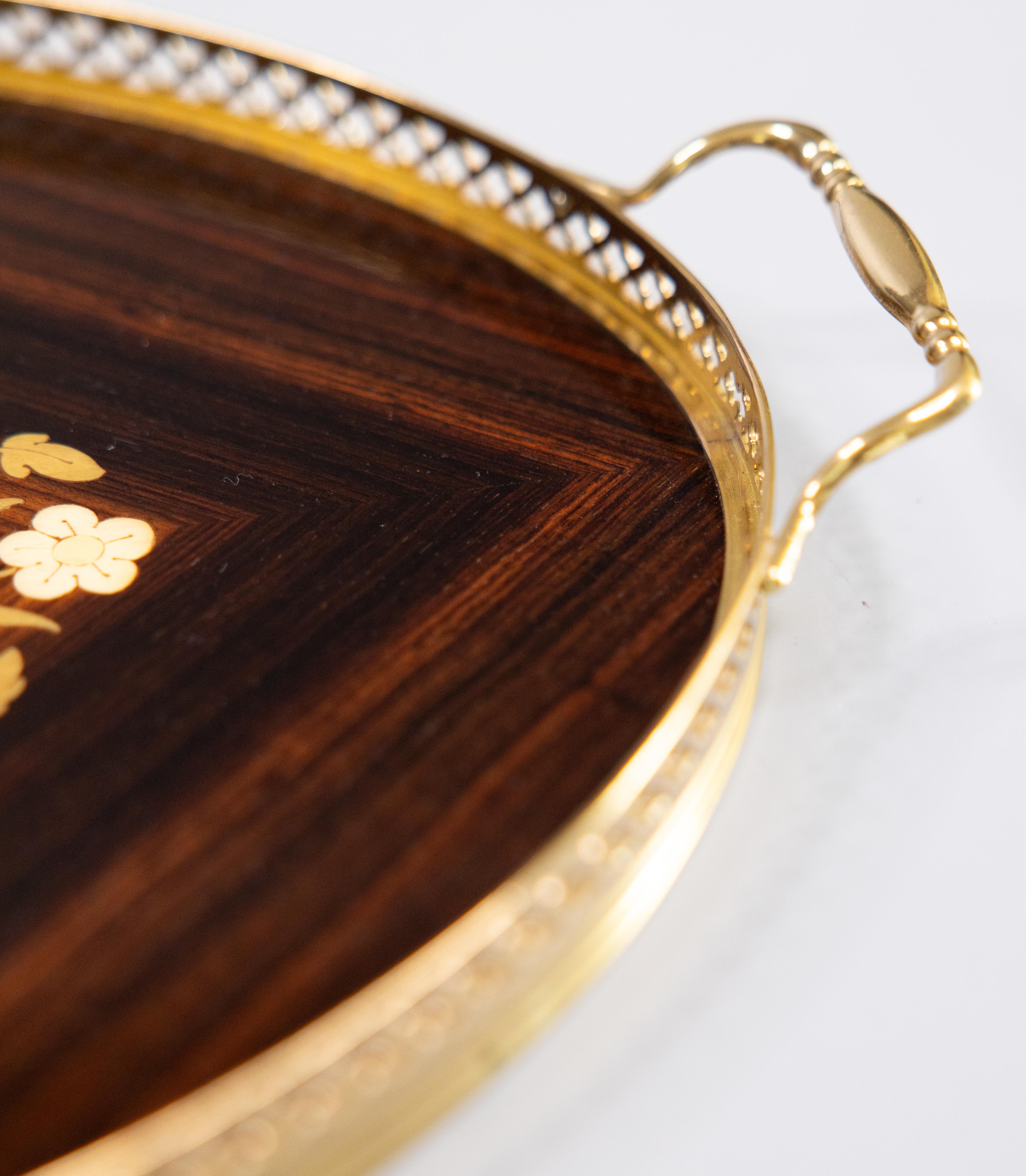 20th Century Italian Marquetry Inlaid Rosewood & Brass Gallery Oval Serving Tray, circa 1950