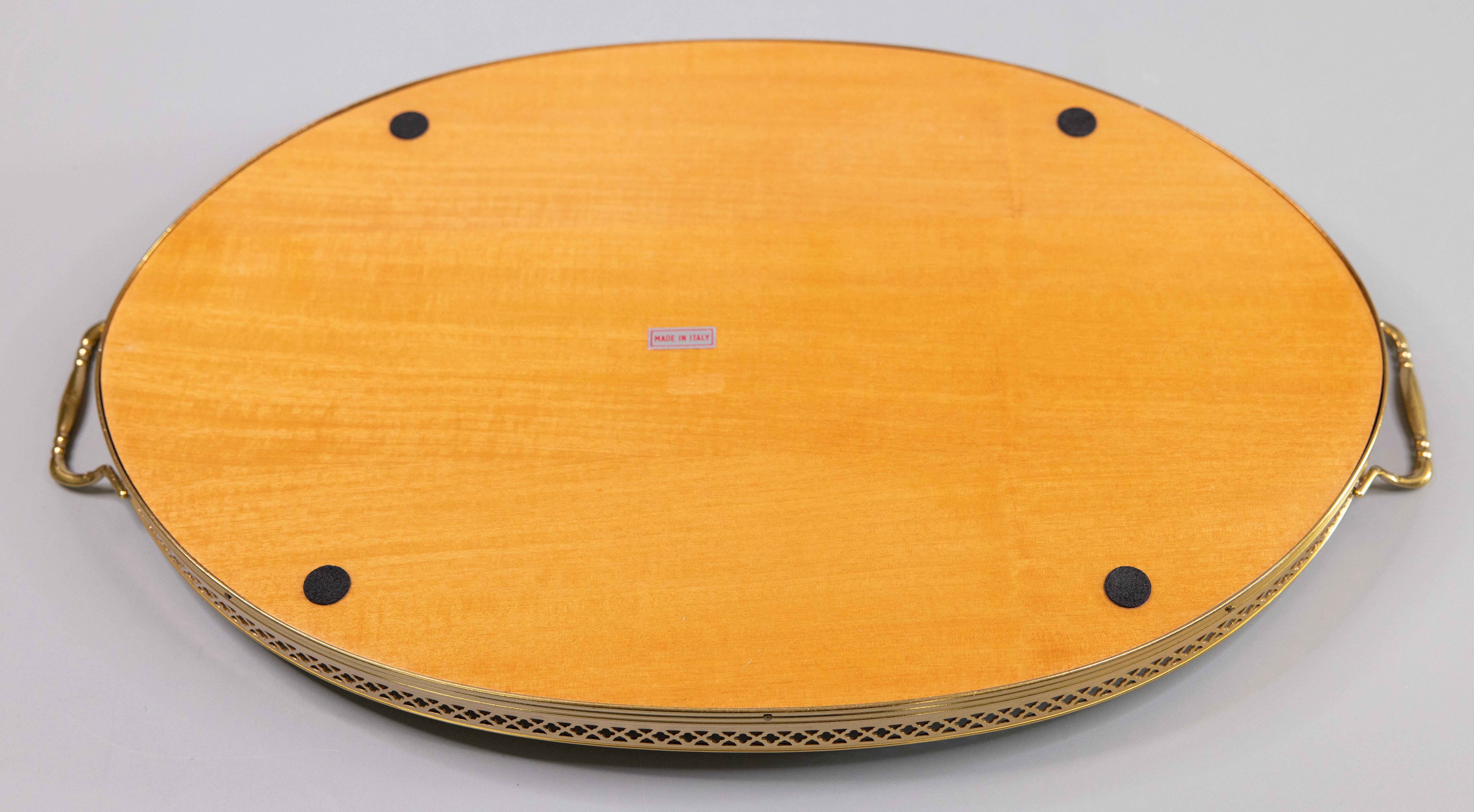 Italian Marquetry Inlaid Rosewood & Brass Gallery Oval Serving Tray, circa 1950 1