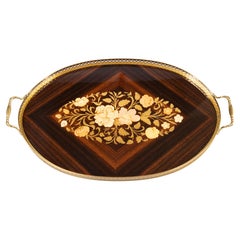 Italian Marquetry Inlaid Rosewood & Brass Gallery Oval Serving Tray, circa 1950