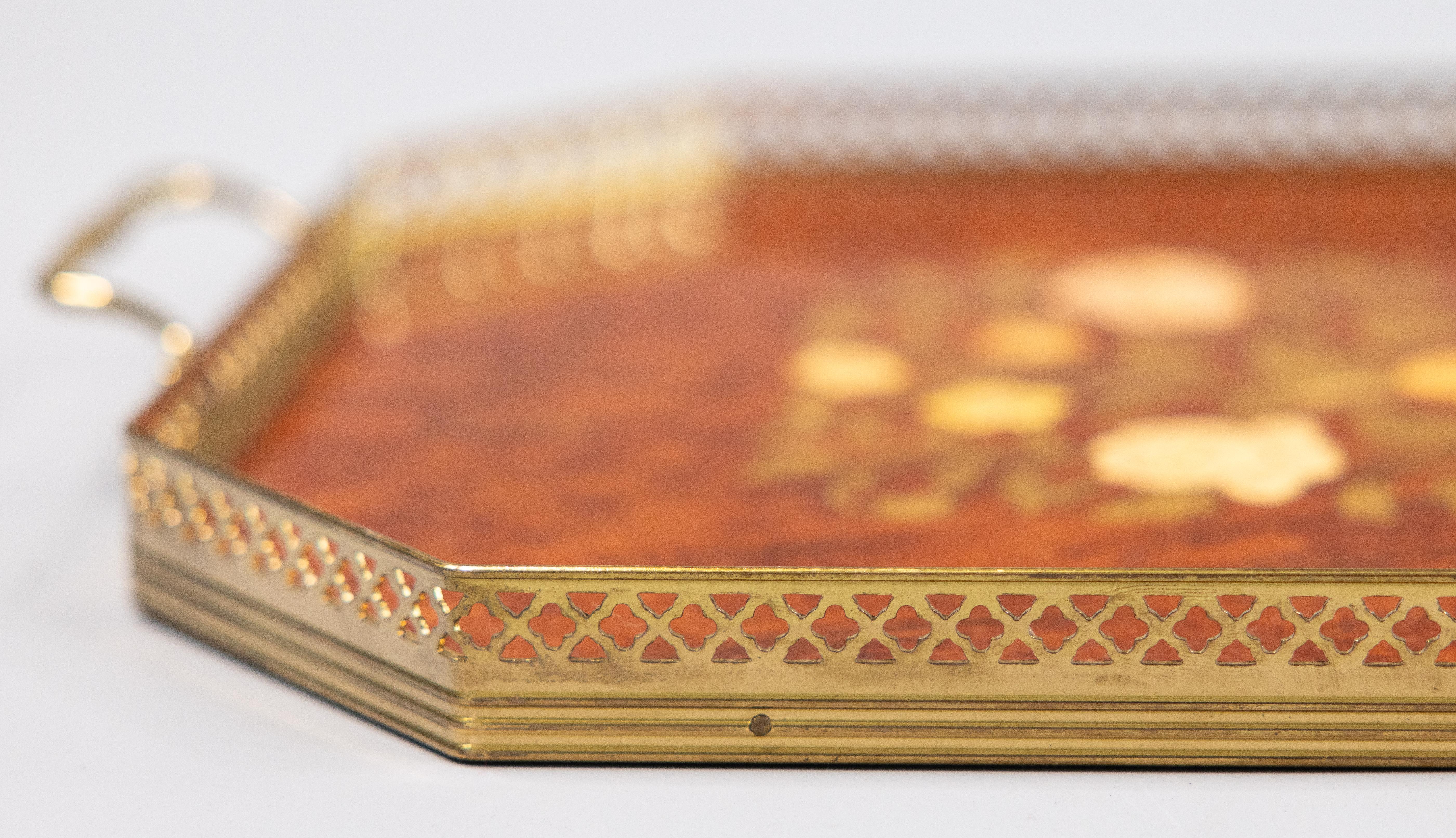 Inlay Italian Marquetry Inlaid Walnut & Brass Gallery Octagonal Serving Tray, c. 1950 For Sale