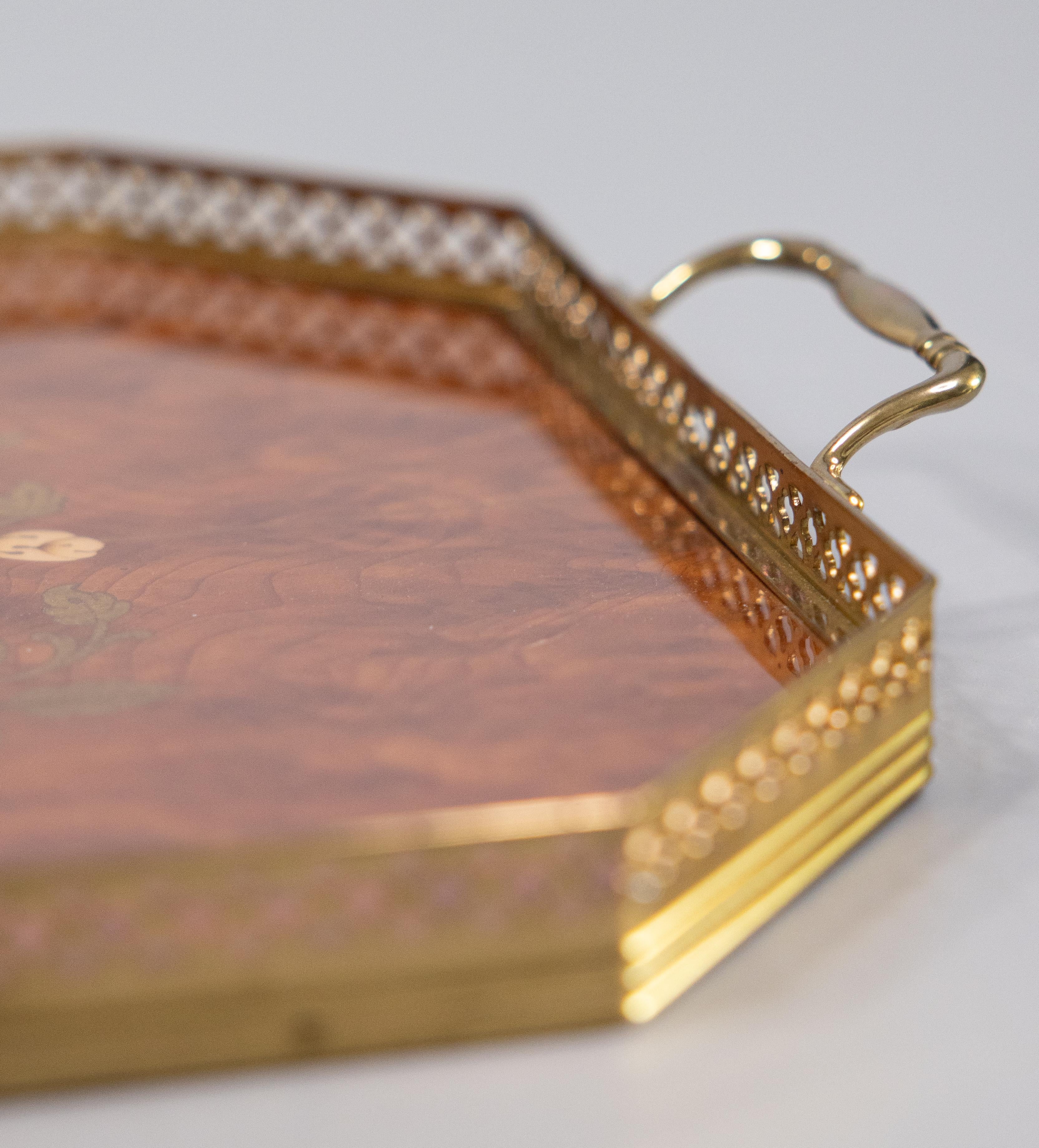 20th Century Italian Marquetry Inlaid Walnut & Brass Gallery Octagonal Serving Tray, c. 1950 For Sale