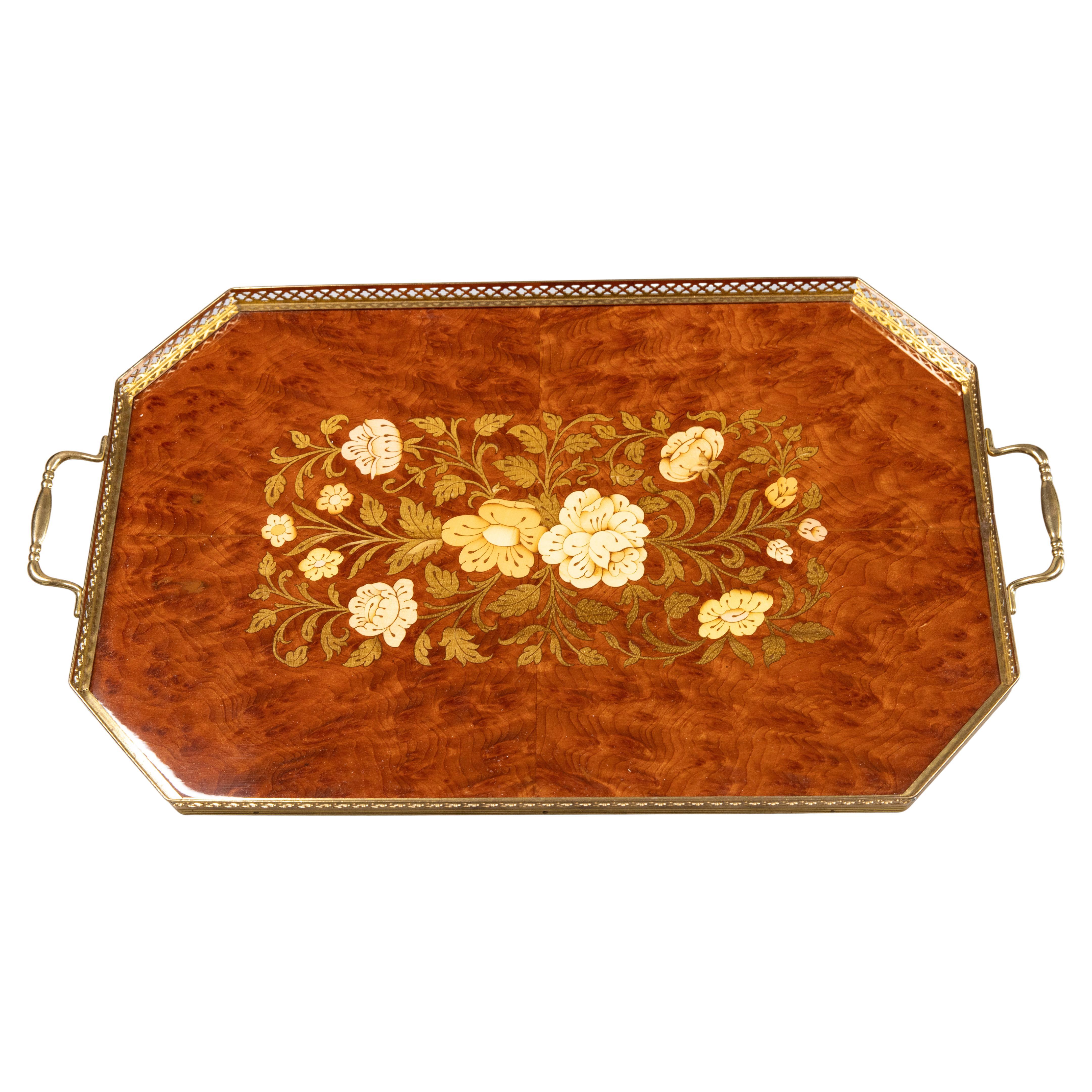 Italian Marquetry Inlaid Walnut & Brass Gallery Octagonal Serving Tray, c. 1950