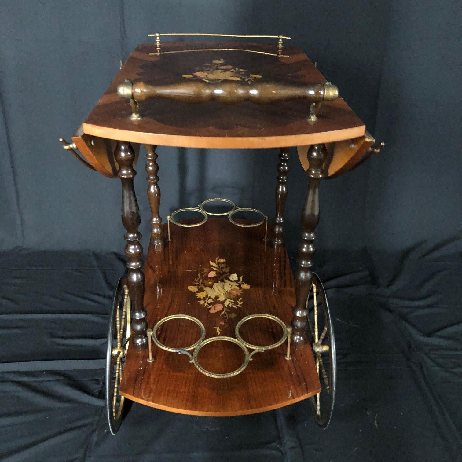 Italian Marquetry Lacquered Drop Leaf Walnut and Brass Bar Cart For Sale 2