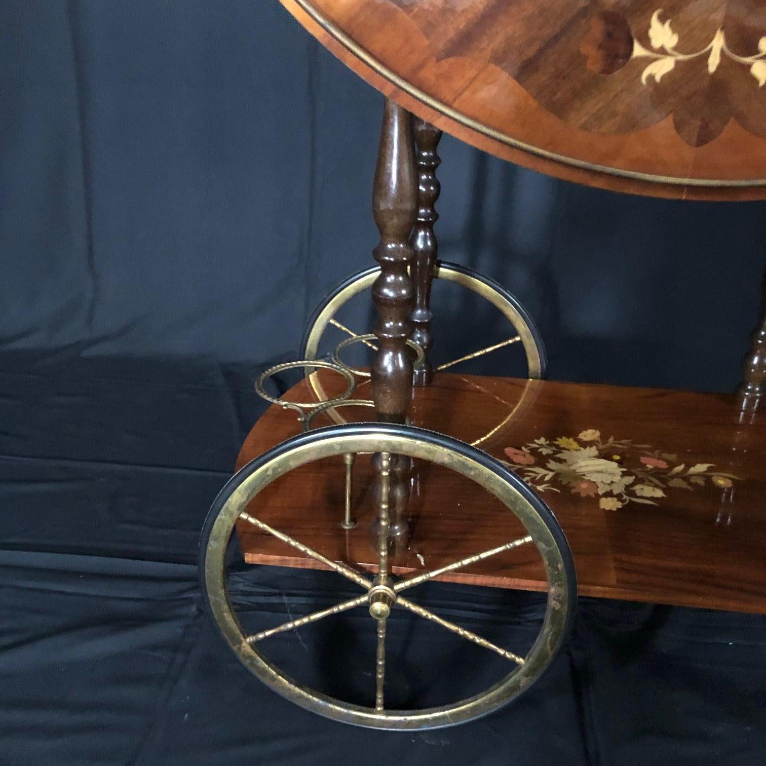 Italian Marquetry Lacquered Drop Leaf Walnut and Brass Bar Cart For Sale 3