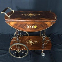 Italian Marquetry Lacquered Drop Leaf Walnut and Brass Bar Cart